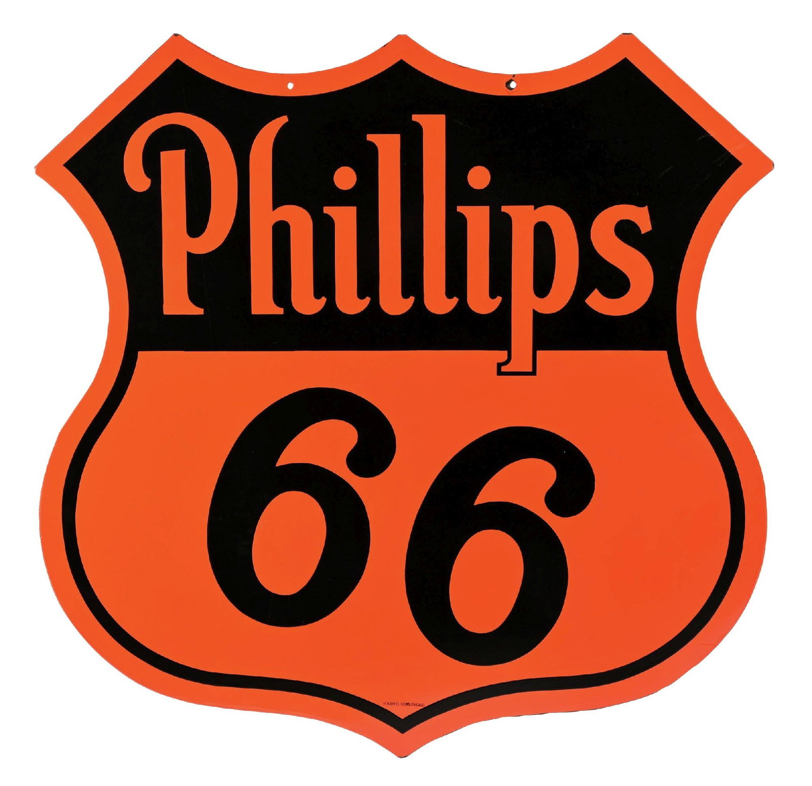 IMPRESSIVE 48" PHILLIPS 66 GASOLINE PORCELAIN SHIELD SIGN: DSP. Maker Marked Veribrite Signs. C. 1930s. CONDITION: Sign shows impressive color & gloss throughout each side, with no notable field wear other than some fine surface scratches from storage. Side t