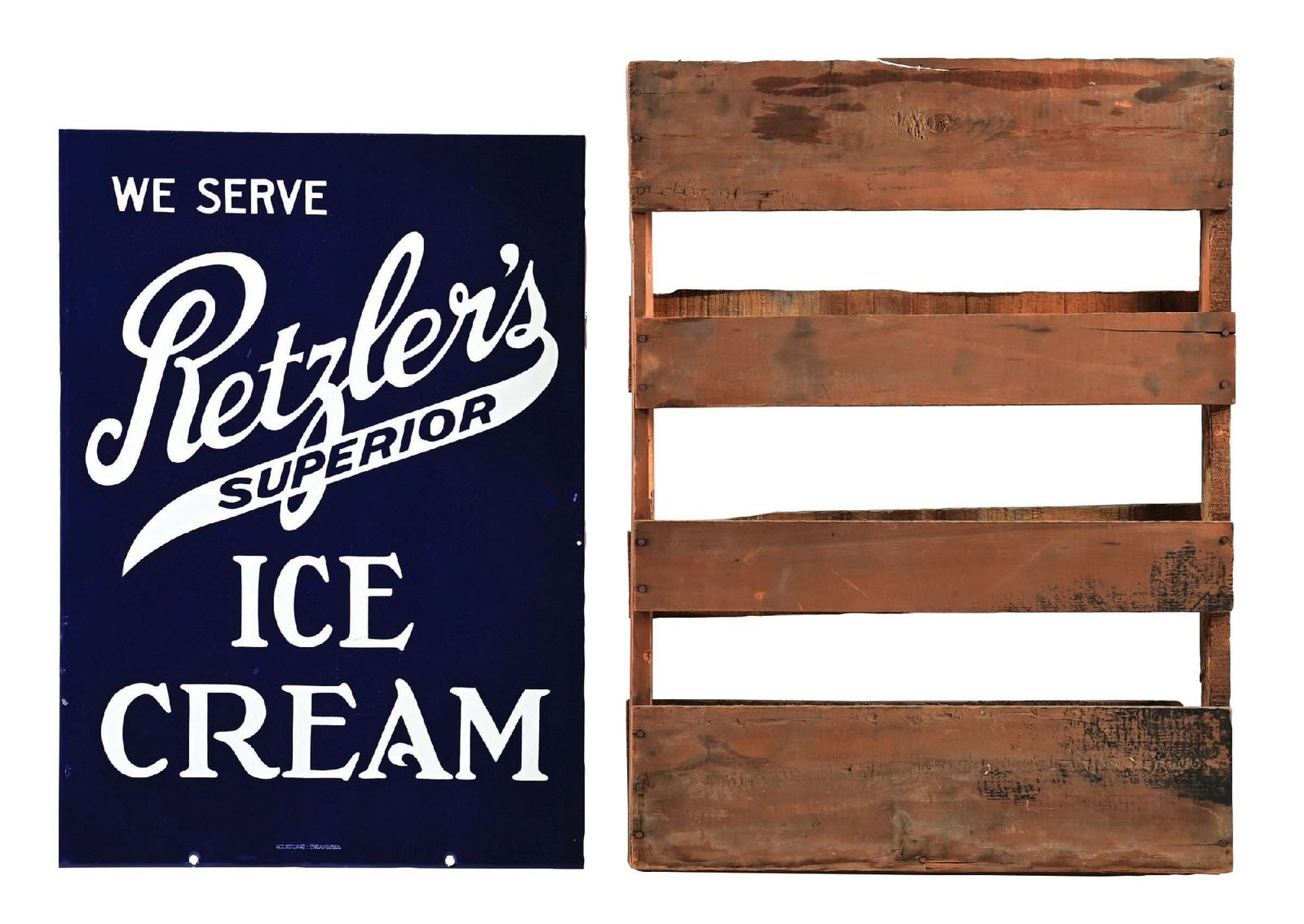 WE SERVE RETZLER'S SUPERIOR ICE CREAM N.O.S. PORCELAIN SIGN WITH ORIGINAL SHIPPING CRATE (1 of 3)
