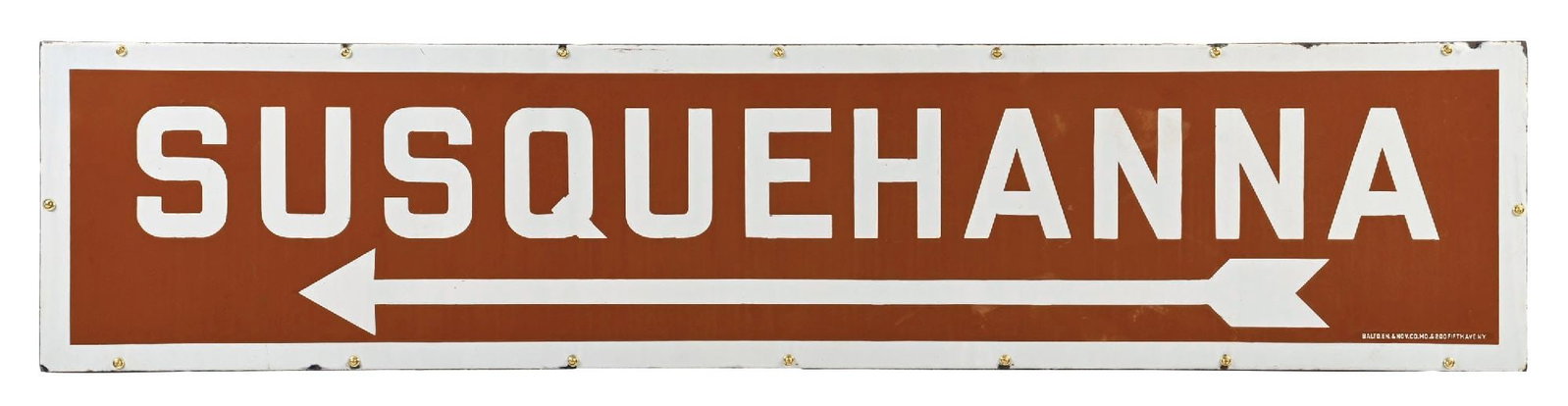 RARE SUSQUEHANNA RIVER PORCELAIN SIGN W/ ARROW GRAPHIC: Single Sided Porcelain. C. 1920s. Maker Marked Balto Enamel. CONDITION: Sign is in outstanding condition throughout showing excellent color & gloss with no field chipping. Signs showing only minimal w
