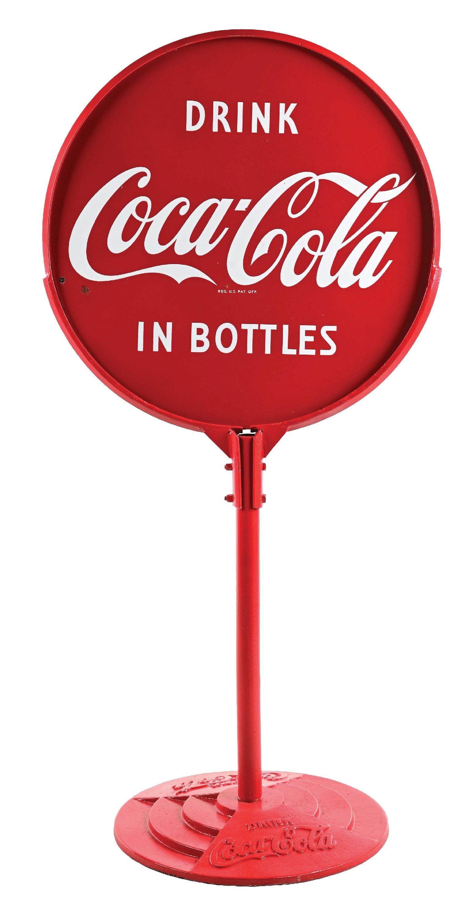 DRINK COCA-COLA IN BOTTLES PORCELAIN LOLLIPOP SIGN WITH ORIGINAL CAST IRON BASE (1 of 4)