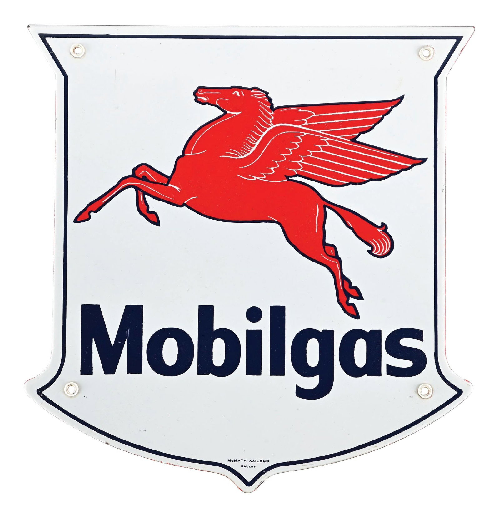 MOBILGAS GASOLINE PORCELAIN PUMP PLATE SIGN WITH PEGASUS GRAPHIC: SSP. C. 1940s. Maker Marked McMath-Axilrod, Dallas, TX. CONDITION: Brilliant throughout, showing no notable field wear with outstanding condition Pegasus graphic as well as script. Mounting holes in o
