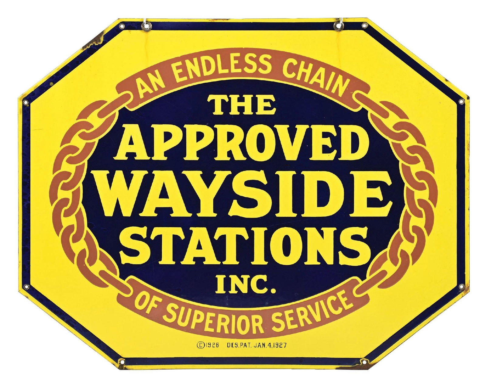 THE APPROVED WAYSIDE STATIONS INC., PORCELAIN SIGN: DSP. C. 1920s. CONDITION: Sign shows excellent color & gloss throughout the field of each side showing no chips in the fields with only a light amount of surface scratches. Moderate chips at the mount
