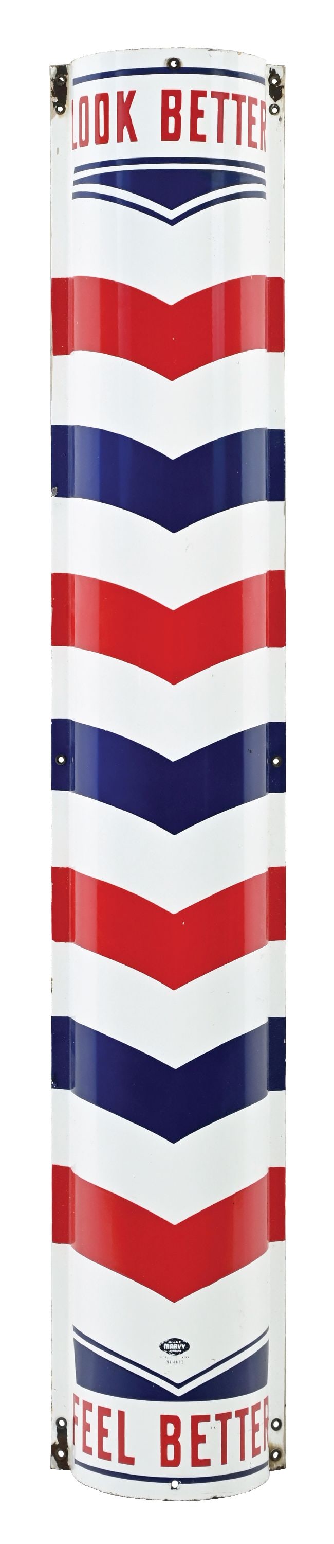 WILLIAM MARVY CO. LOOK BETTER FEEL BETTER CURVED PORCELAIN BARBER POLE SIGN: SSP. CONDITION: Outstanding color & gloss throughout the field showing no notable field wear with bright red, white & blue porcelain. Minor areas of chipping at the mounting holes as well as at the ou