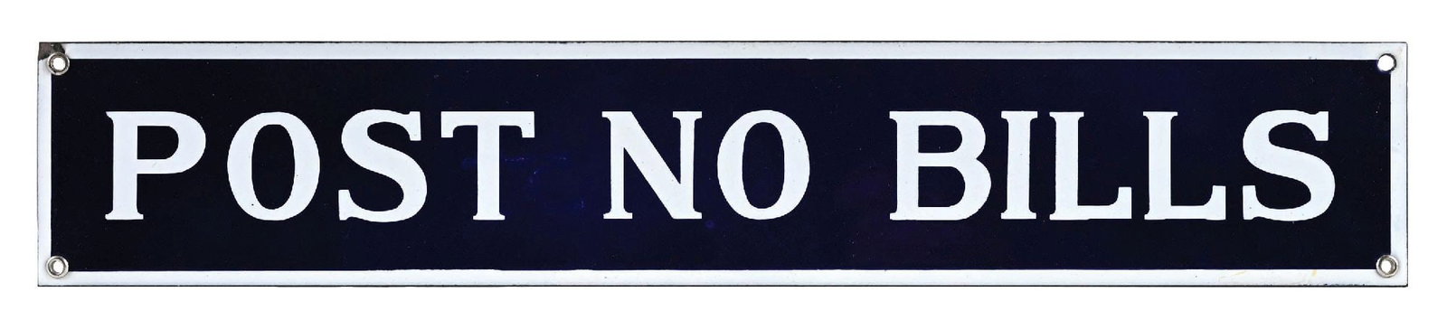 POST NO BILLS PORCELAIN STRIP SIGN: Single Sided Porcelain. C. 1920s. CONDITION: Brilliant color & gloss showing outstanding condition field with immaculate lettering. Mounting holes in outstanding condition with one small nick at the u