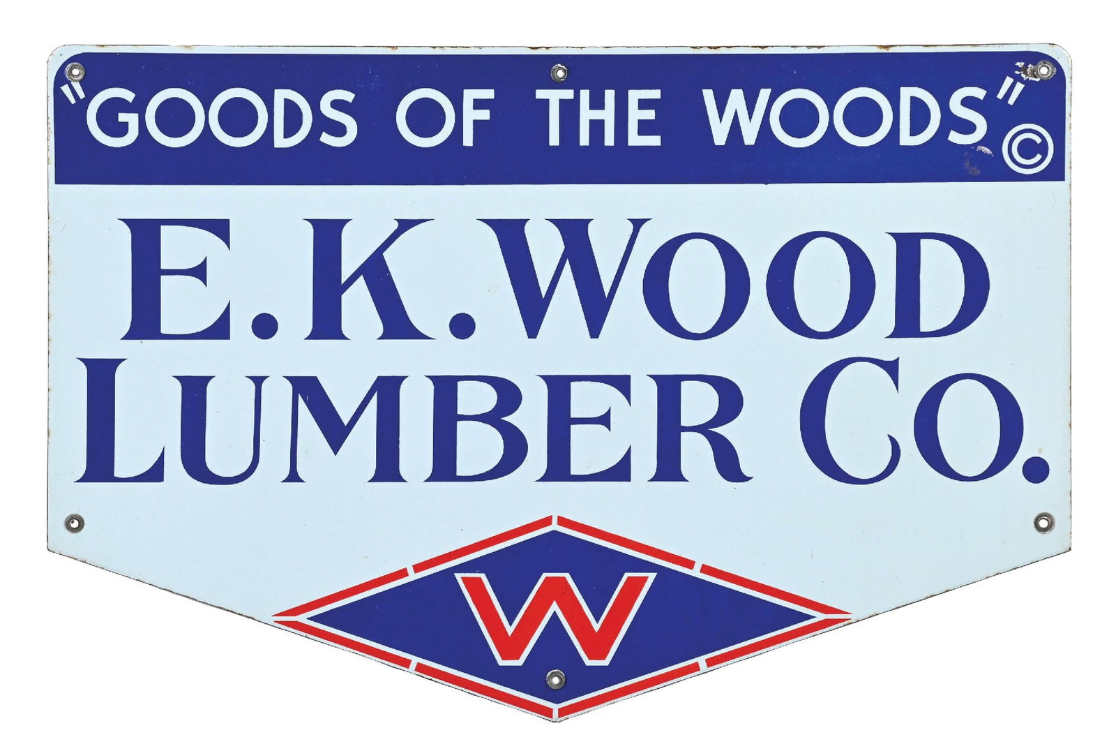 E.K. WOOD LUMBER CO. PORCELAIN SIGN: SSP. CONDITION: Excellent color & gloss throughout showing one small nick at the upper right. Mounting holes in very good condition with light wear along the outer edges. Condition: (9.0). Dimensions: