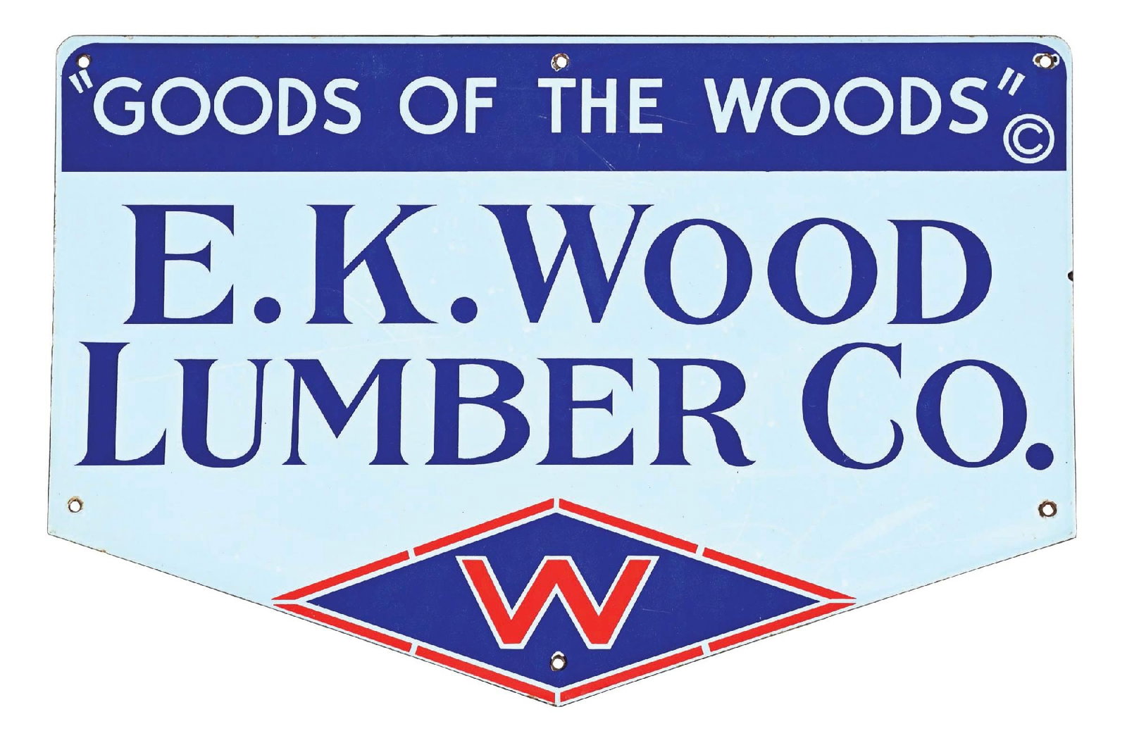 E.K. WOOD LUMBER CO. PORCELAIN SIGN: SSP. CONDITION: Excellent color & gloss with no field chipping. Minor nicks at the mounting holes with minor wear along the outer edges. An excellent example. Condition: (9.0). Dimensions: 24" x 16".