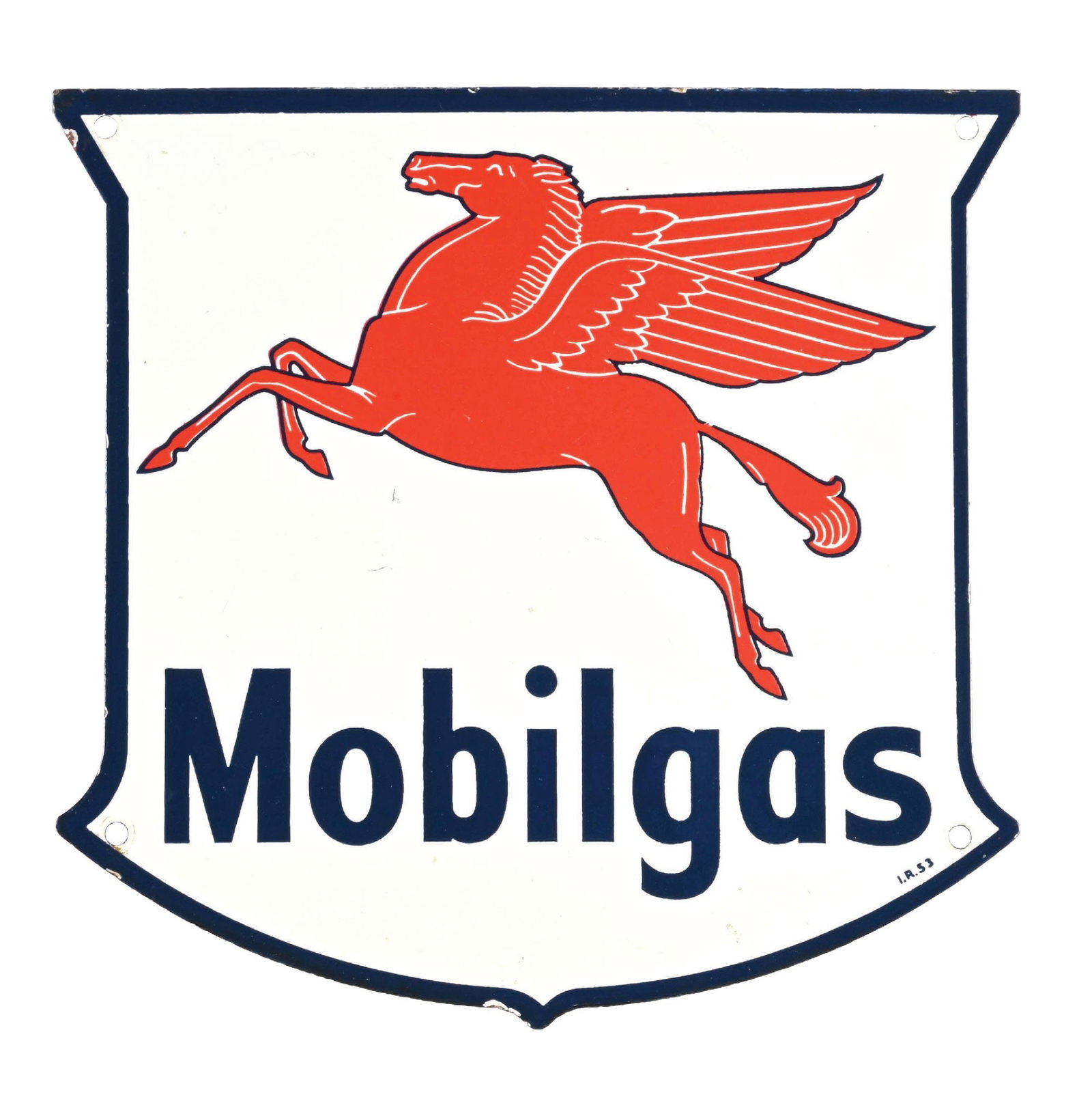MOBILGAS PORCELAIN SHIELD SIGN WITH PEGASUS GRAPHIC: SSP. Marked I.R. 1953. CONDITION: Excellent color & gloss throughout the field showing minor surface scratches. Light mounting hole wear with some light nicks along the outer edges. Pegasus graphic in