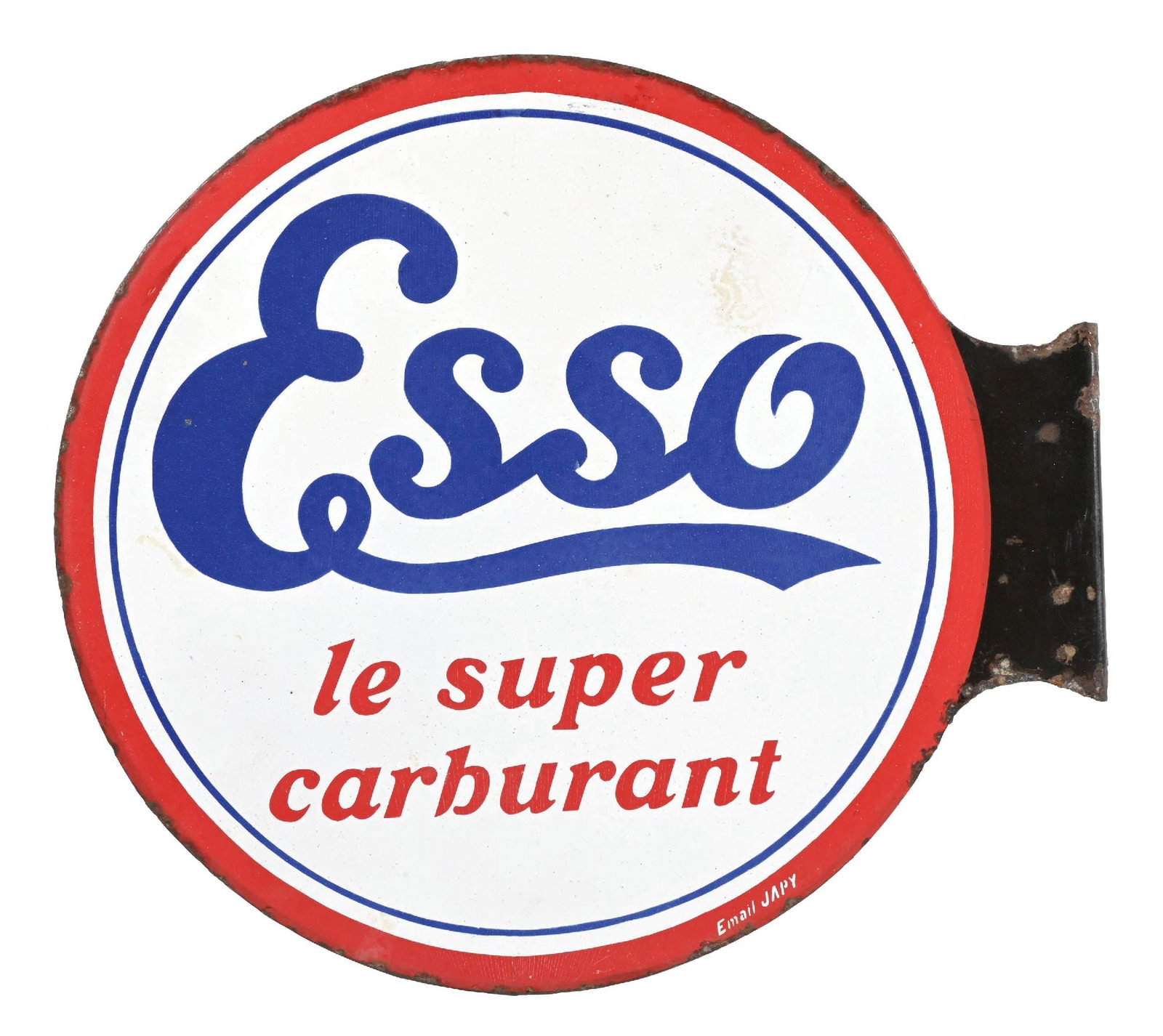 ESSO PORCELAIN FLANGE SIGN: DSP. CONDITION: Fair color & gloss showing some areas of cloudiness in the field as well as some minor surface wear. Chipping at the flange edge with light wear along the outer edges. Overall clean an