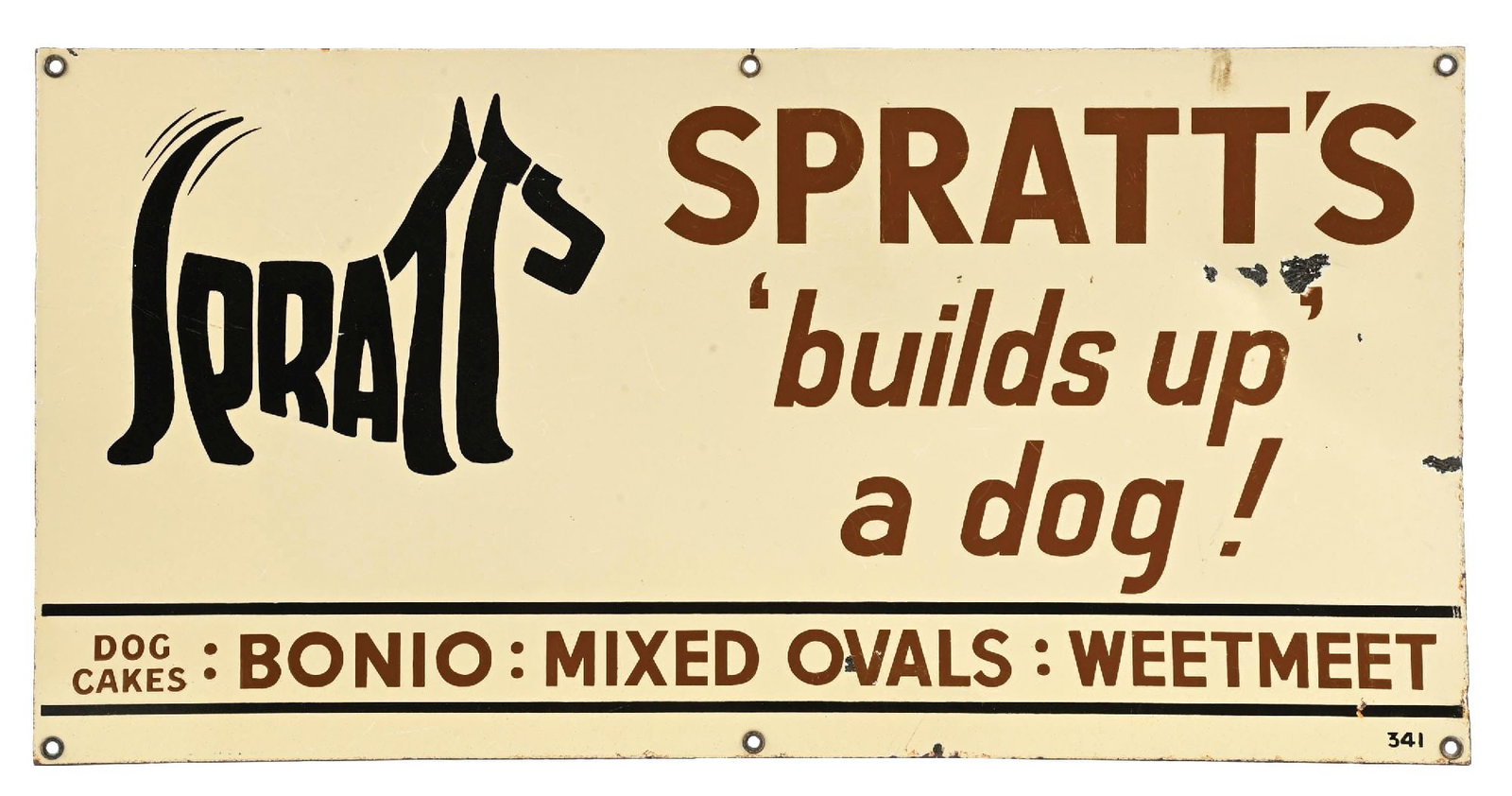 SPRATT'S "BUILDS-UP" A DOG! PORCELAIN SIGN: SSP. CONDITION: Excellent color & gloss showing chipping in the outer fields. Light wear at the mounting holes and along the outer edges. Condition: (8.5). Dimensions: 24" x 12".