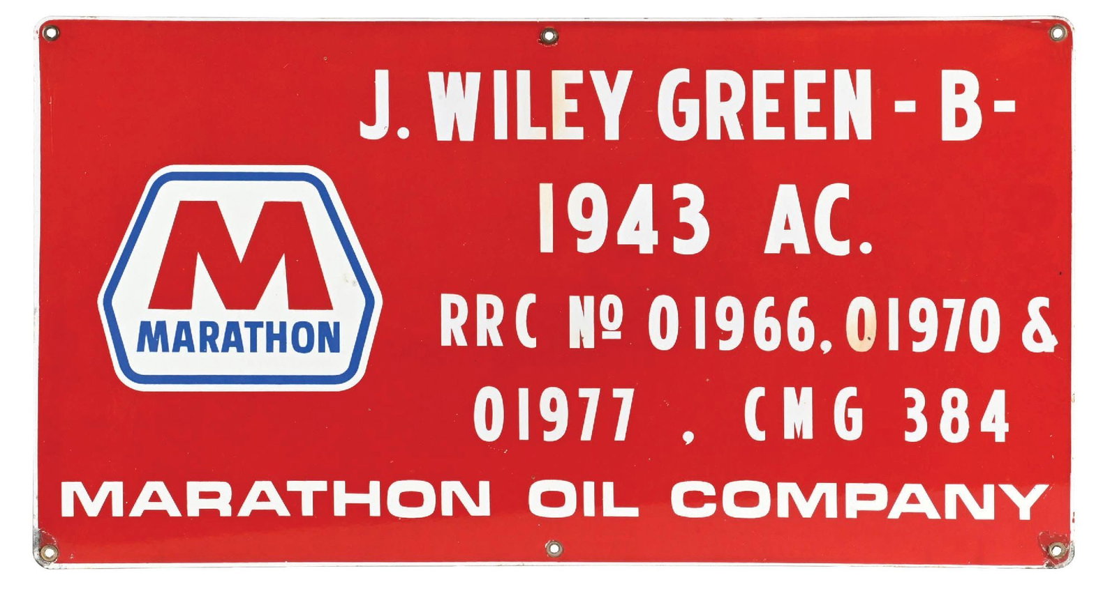 MARATHON OIL COMPANY PORCELAIN WELL SIGN: SSP. CONDITION: Excellent color & gloss throughout showing minimal nicks in the field with some minor surface stains. Touch ups at the lower mounting holes with light wear along the outer edges. Condi