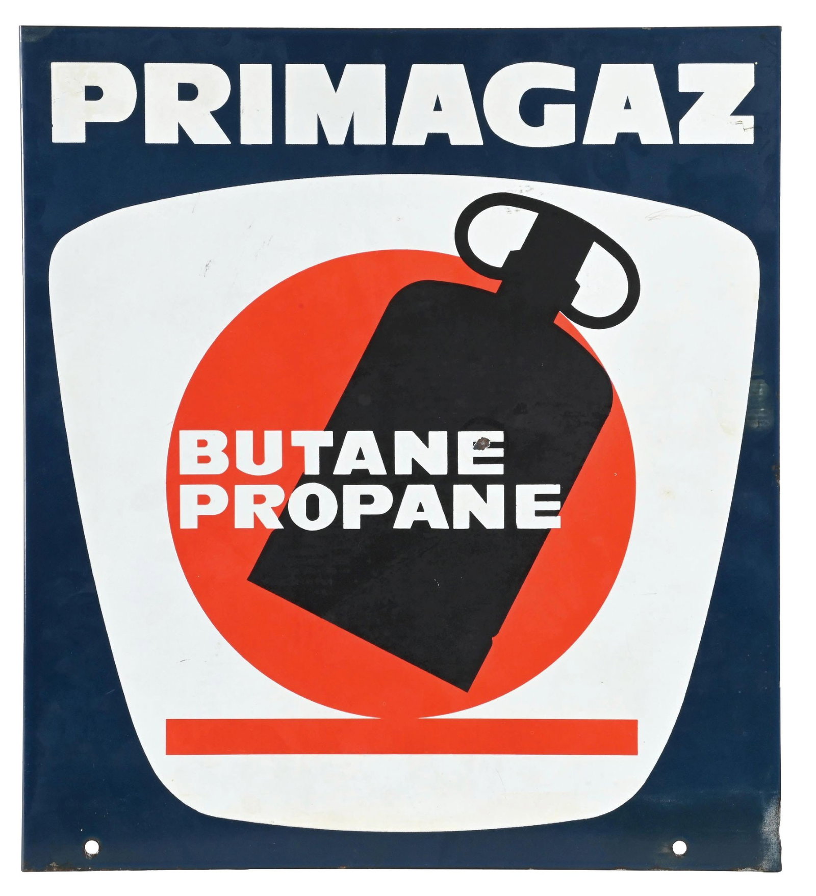 PRIMAGAZ BUTANE PROPANE PORCELAIN FLANGE SIGN: DSP. CONDITION: Very good color & gloss throughout showing very minimal chips in the field of side two. Minor color wear in the outer field with some light chips at the mounting holes and along the ou