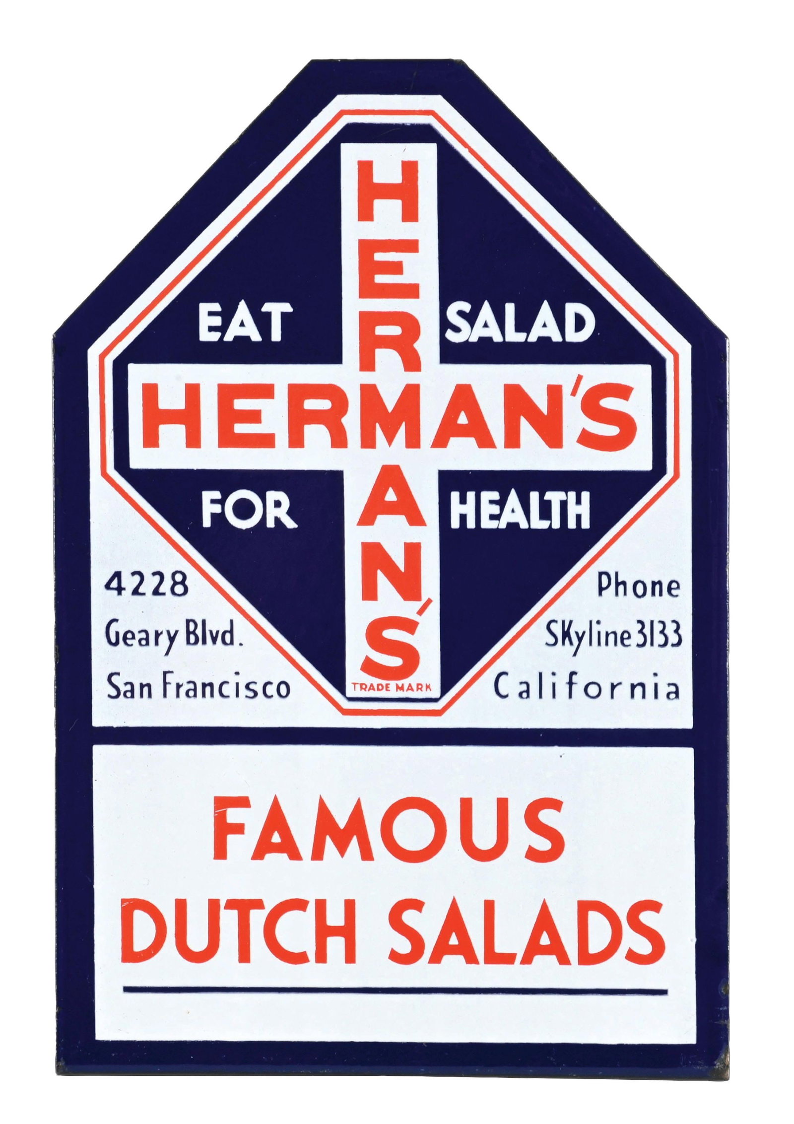 HERMAN'S FAMOUS DUTCH SALADS PORCELAIN SIGN W/ FLANGE DISPLAY BASE.: SSP. CONDITION: Outstanding color & gloss throughout showing no notable field wear. Minimal areas of light wear along the outer edges with excellent condition flange display base. A tough to upgrade e