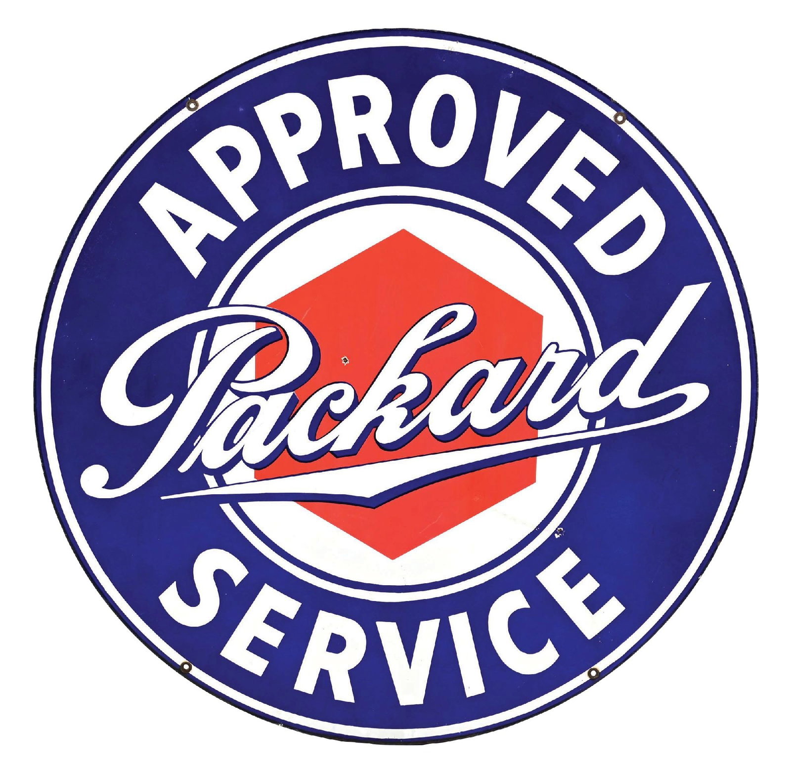 PACKARD APPROVED SERVICE PORCELAIN SIGN: DSP. Maker Marked Walker & Co. CONDITION: Each side showing bright color & gloss with some minor chipping in the inner fields as well as some light stain to the red color. Mounting holes in excellent 