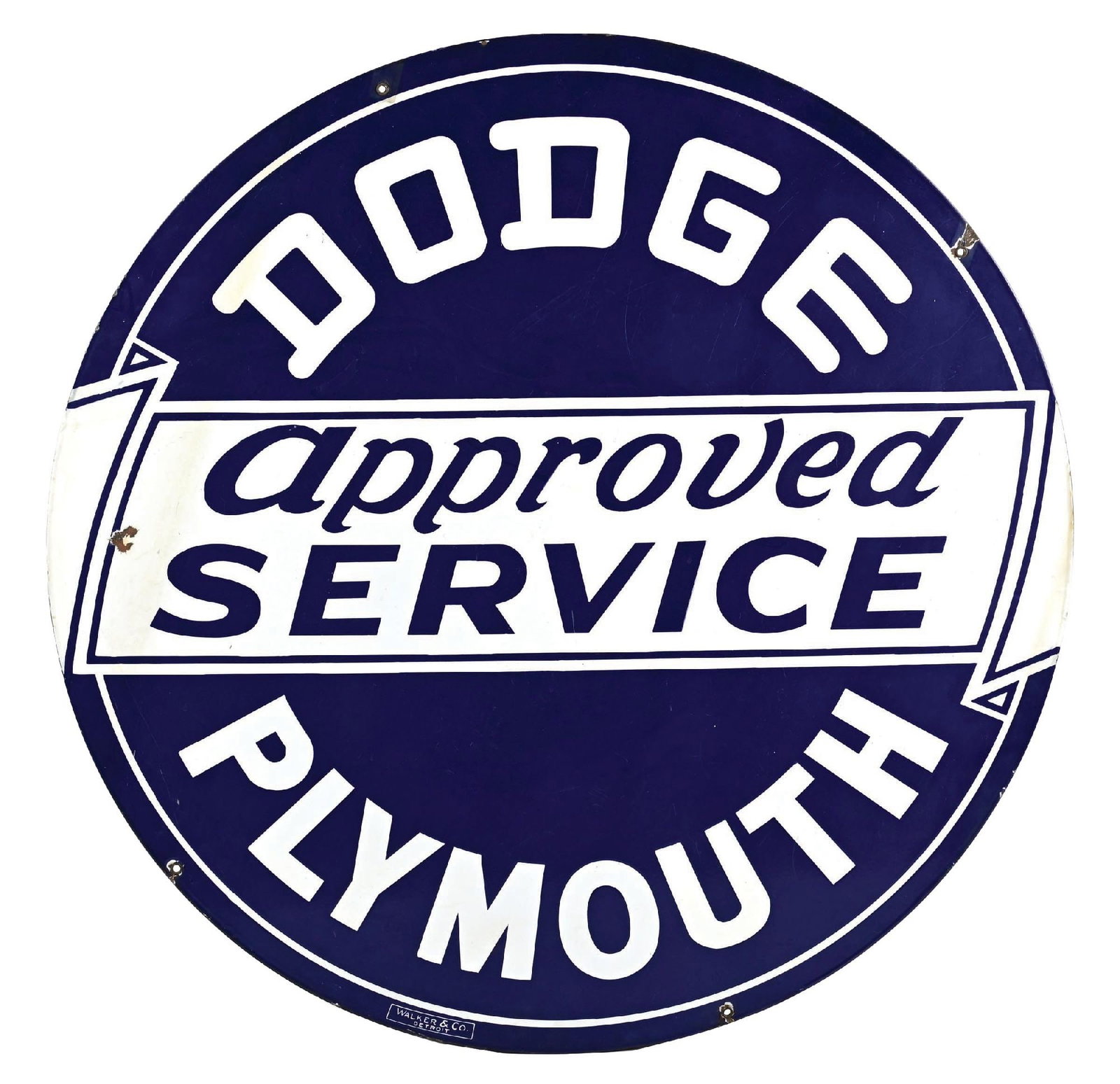 DODGE PLYMOUTH APPROVED SERVICE PORCELAIN SIGN: DSP. Maker Marked Walker & Co. CONDITION: Each side showing excellent color & gloss throughout with areas of chipping in the outer fields. Sign also showing some areas of surface scratch as well as so