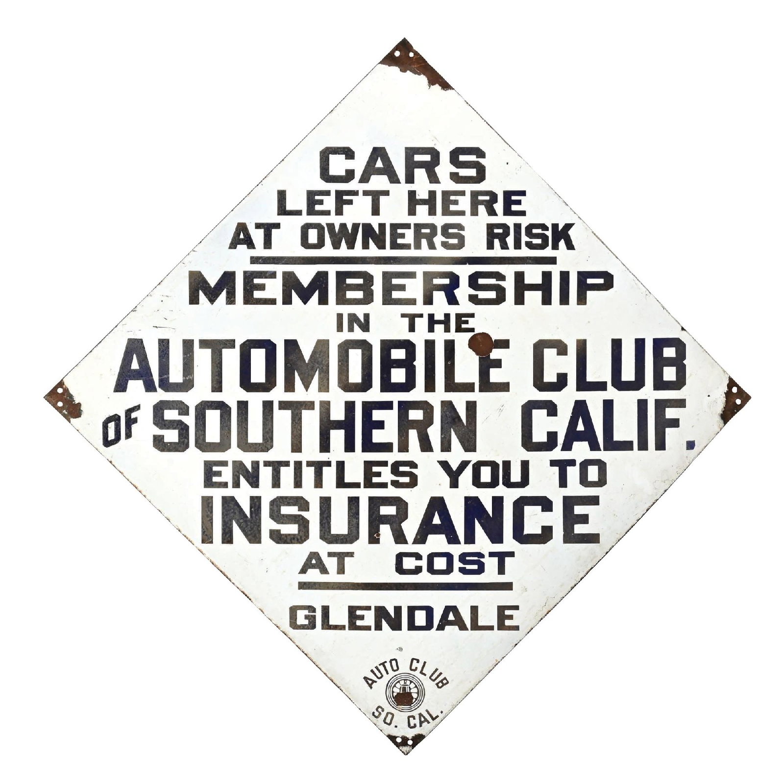 AUTOMOBILE CLUB OF SOUTHERN CALIFORNIA "GLENDALE" PORCELAIN SIGN: SSP. C. 1930s. CONDITION: Fair color & gloss throughout showing some discoloration to the blue porcelain. Field showing chipping as well as some surface scratching with the outer edges showing heavier