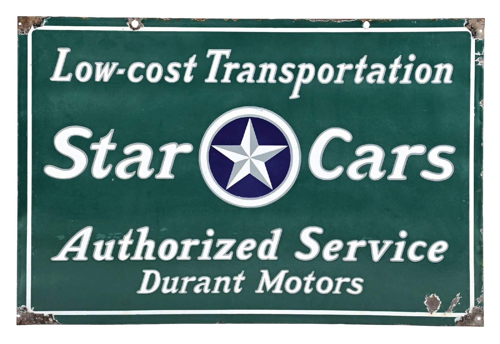 STAR CARS AUTHORIZED SERVICE DURANT MOTORS PORCELAIN SIGN: DSP. Maker Marked Baltimore Enamel. CONDITION: Each side showing excellent color & gloss throughout the fields with clean script. Showing heavier chipping along the outer edges with added nail holes i