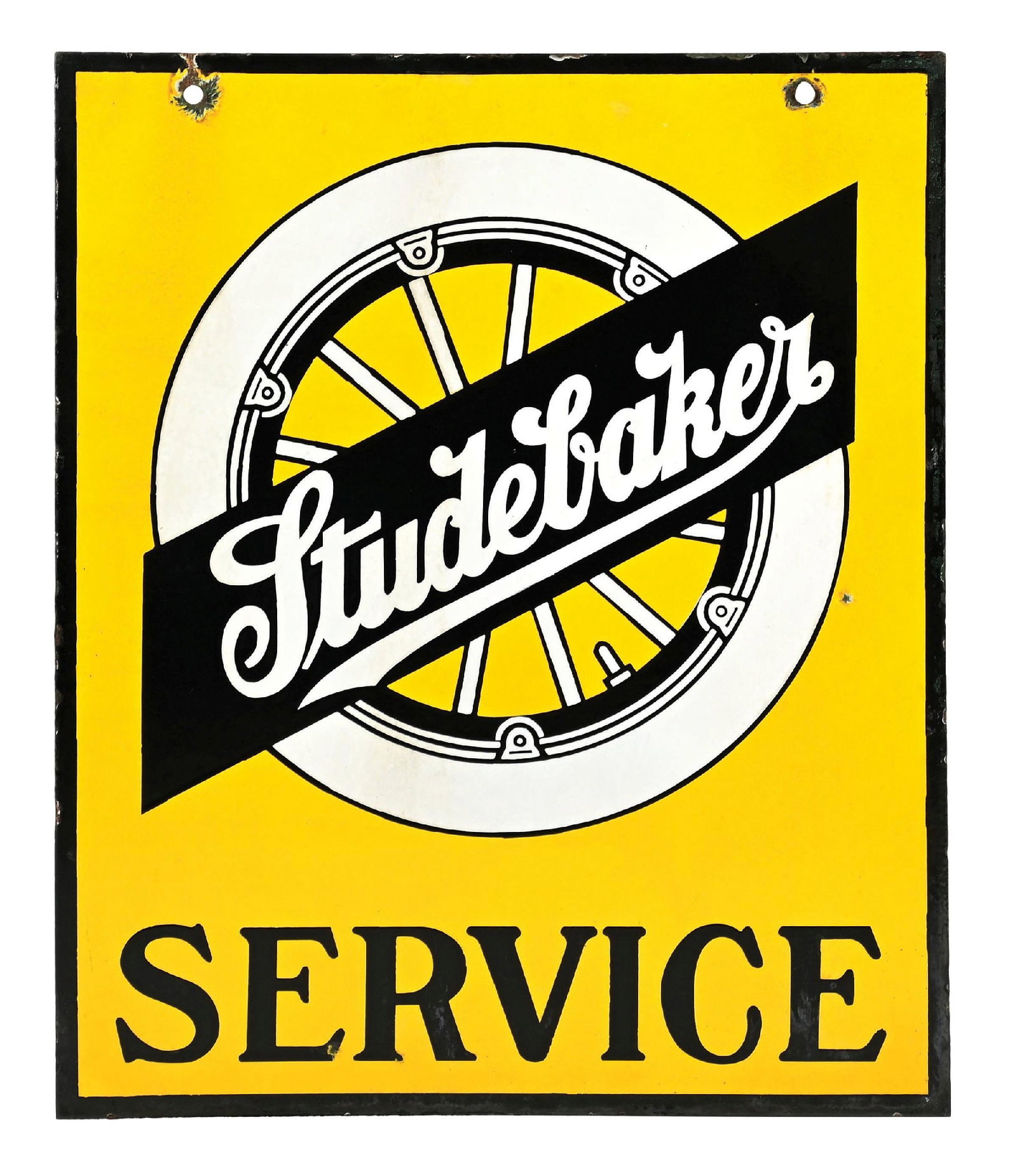 STUDEBAKER SERVICE PORCELAIN SIGN W/ WHEEL GRAPHIC: DSP. C. 1920s. CONDITION: Each side showing very good color & gloss with minor areas of light chipping in the field. Side two showing some heavier staining in the outer fields and at the mounting hole