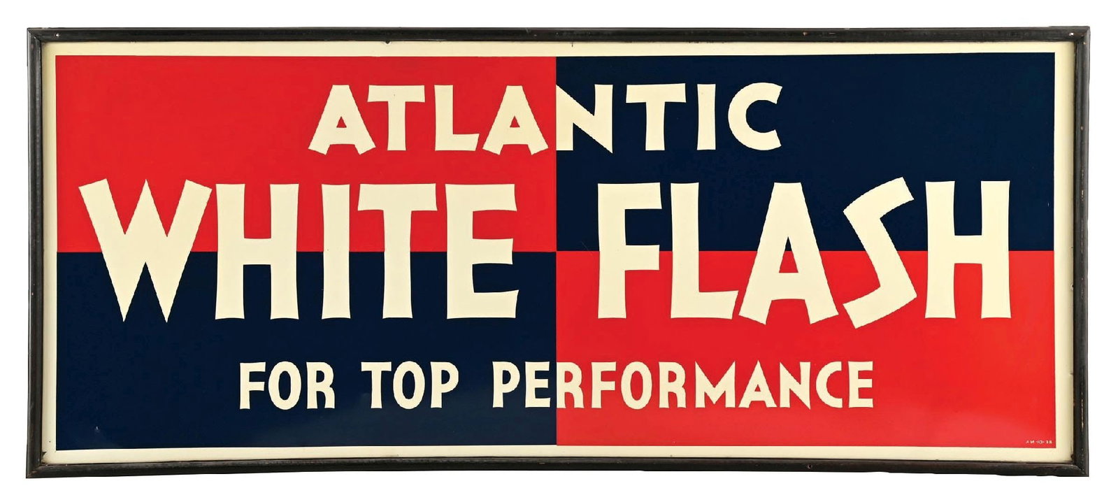 OUTSTANDING ATLANTIC WHITE FLASH GASOLINE N.O.S. TIN SIGN WITH ORIGINAL WOOD FRAME.: Single Sided Tin. Maker Marked A.M. & Dated 1938. An absolutely brilliant example throughout, found n.o.s. CONDITION: Outstanding color & gloss throughout showing no notable filed wear other than a co