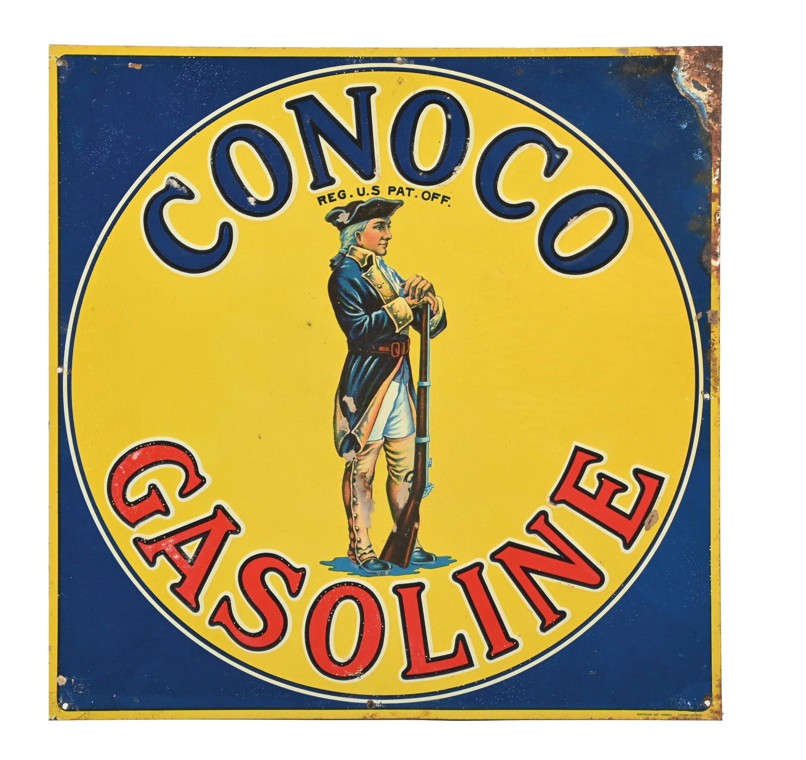 CONOCO GASOLINE EMBOSSED TIN SIGN WITH MINUTEMAN GRAPHIC: SST. C. 1930s. Maker Marked American Art Works, Coshocton, Ohio. CONDITION: Found NOS in paper showing very good color throughout, with areas of paper remnants still intact. Minor discoloration in the