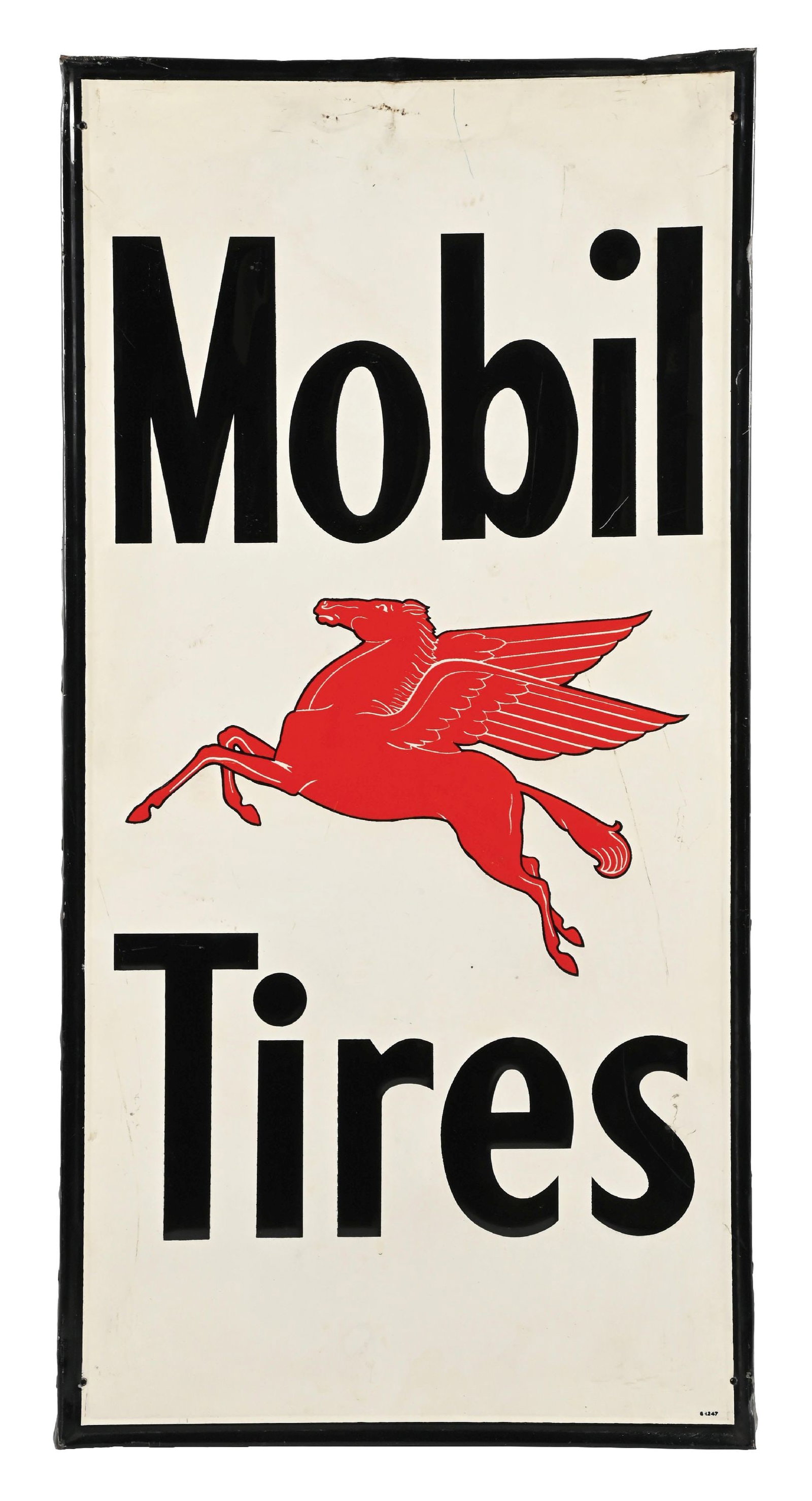 MOBIL TIRES EMBOSSED TIN SIGN WITH PEGASUS GRAPHIC: SST. C. 1940s. CONDITION: Sign shows very good color & gloss with clean Pegasus graphic as well as lettering. Minor areas of surface scratching present in the field with some denting along the upper e