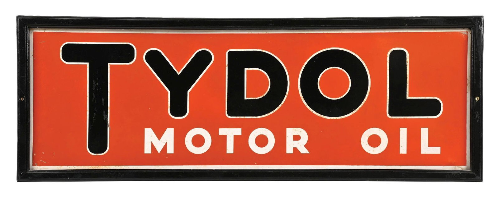 TYDOL MOTOR OIL TIN SIGN W/ ORIGINAL WOOD FRAME.: SST. C. 1930s. CONDITION: Excellent color & gloss throughout, showing minor surface scratching in the inner field with some minimal areas of rust staining in the white. Light paint loss in the T of Ty