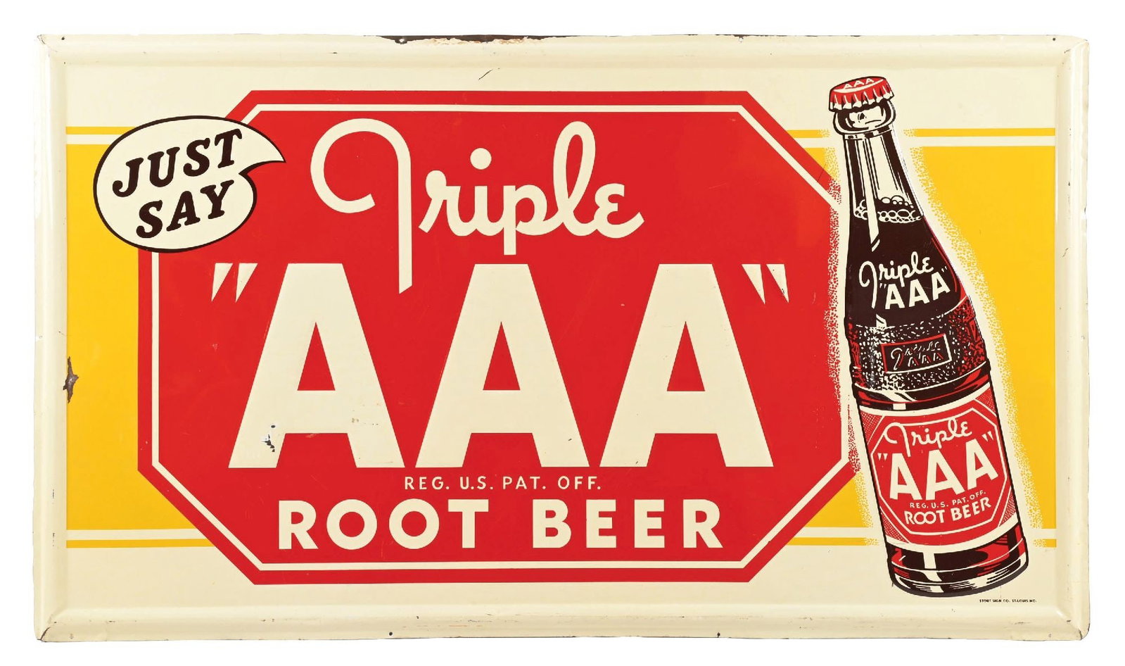LARGE JUST SAY TRIPLE "AAA" ROOT BEER EMBOSSED TIN SIGN W/ BOTTLE GRAPHIC. (1 of 3)