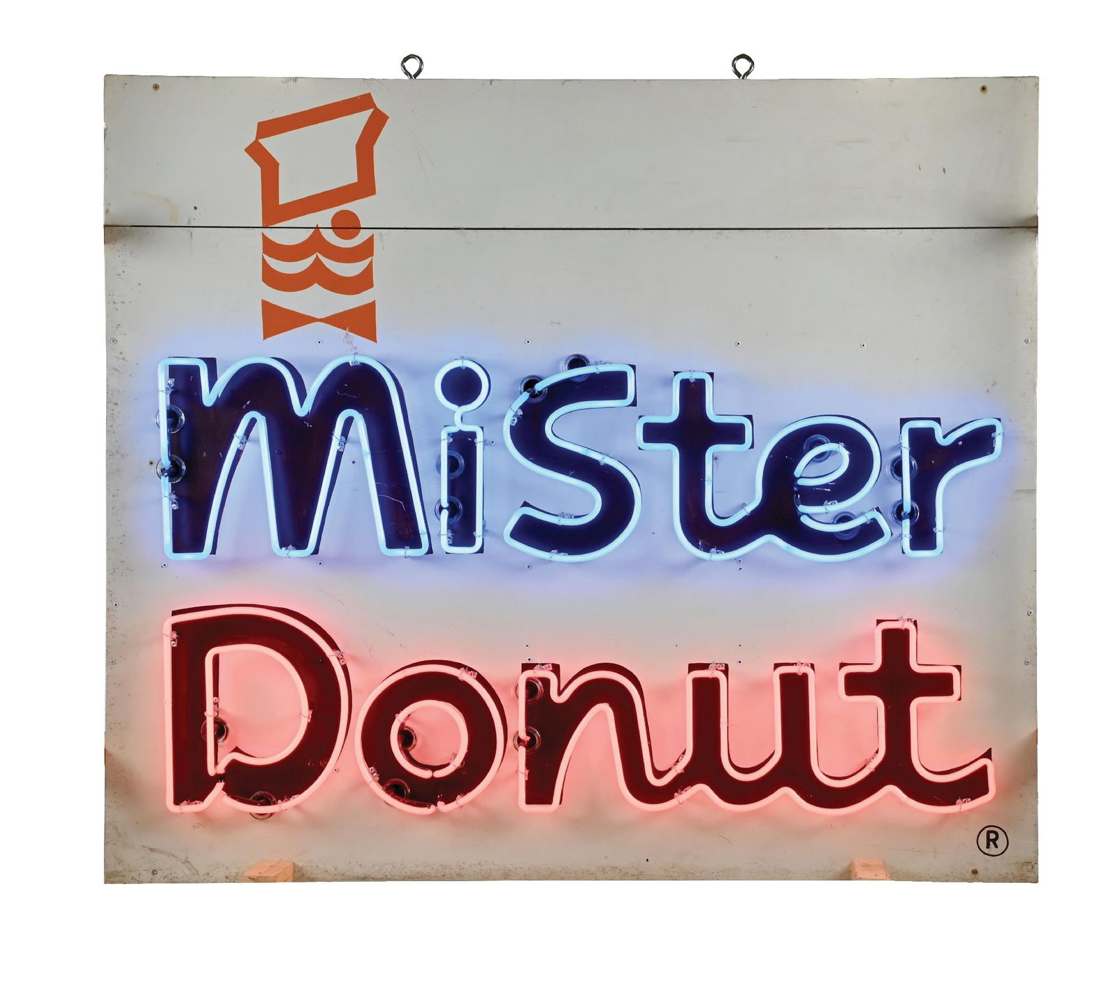 MISTER DONUT TIN NEON SIGN: SST. C. 1960s. CONDITION: Excellent color throughout showing added double stroke neon throughout the lettering. Minor surface scratches and light use wear but overall excellent and well displaying. Mo