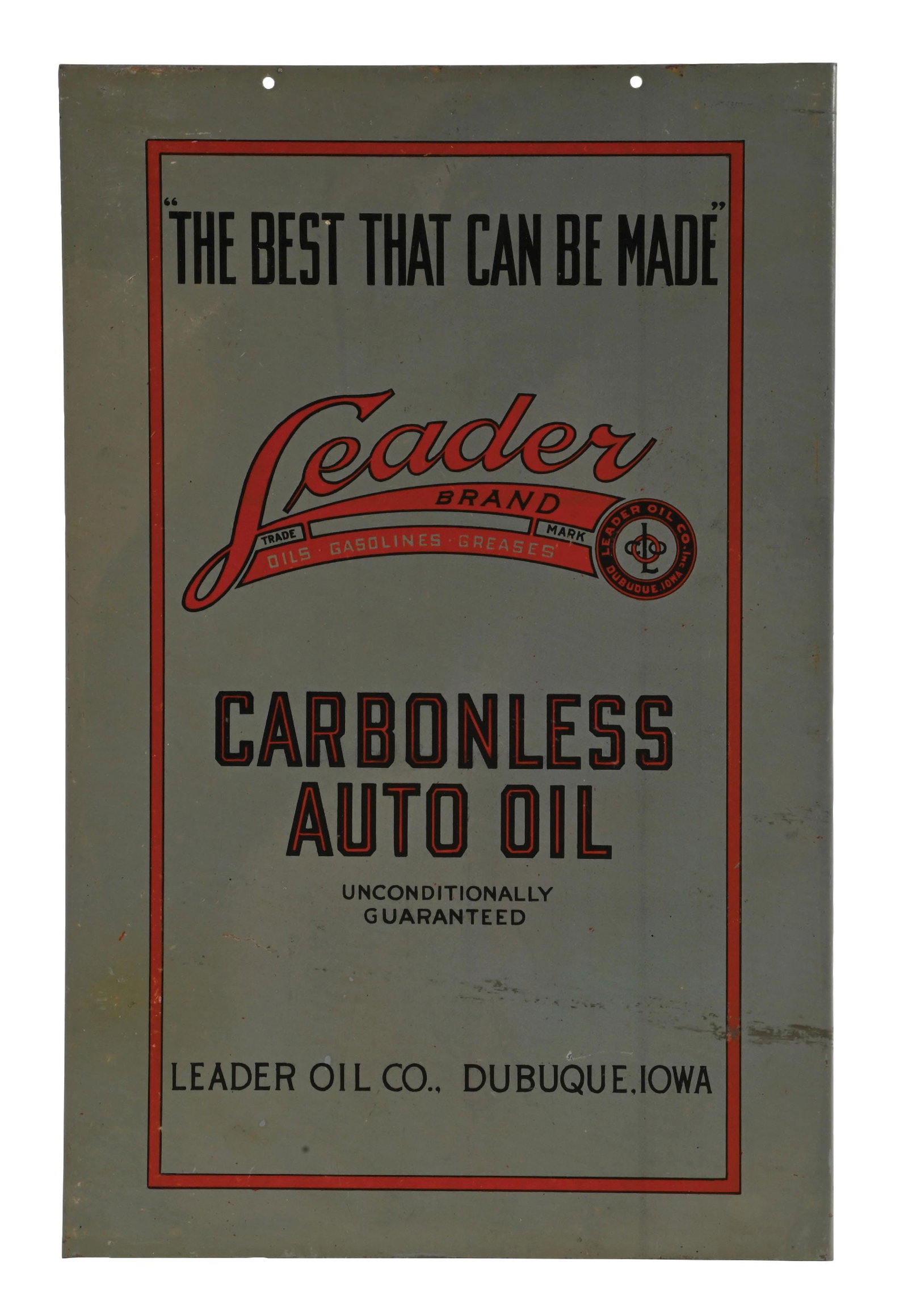 LEADER CARBONLESS AUTO OIL "THE BEST THAT CAN BE MADE" TIN FLANGE SIGN: DST. C. 1930s. CONDITION: Excellent color & gloss throughout appearing n.o.s. with minor areas of light paper marks to the gloss. Side two showing minor age staining in the field but overall very clea