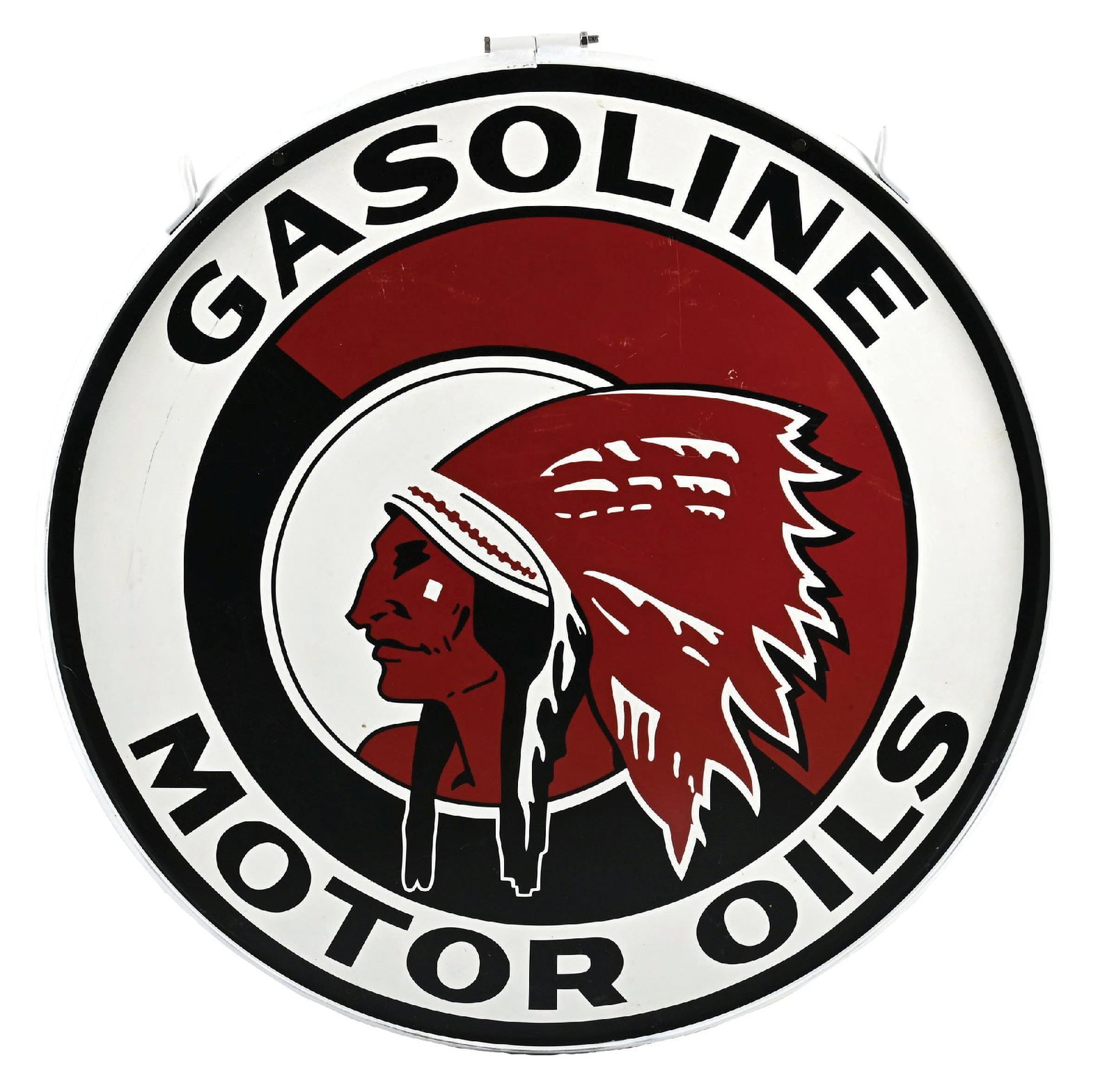 RED INDIAN GASOLINE & MOTOR OILS METAL SIGN W/ NATIVE AMERICAN GRAPHIC. (1 of 2)