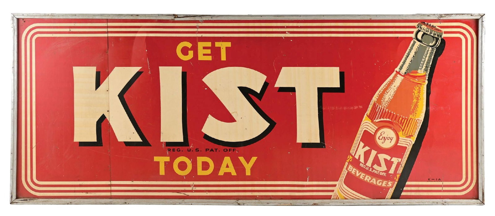 GET KIST TODAY TIN ADVERTISING BILLBOARD SIGN WITH BOTTLE GRAPHIC. (1 of 3)