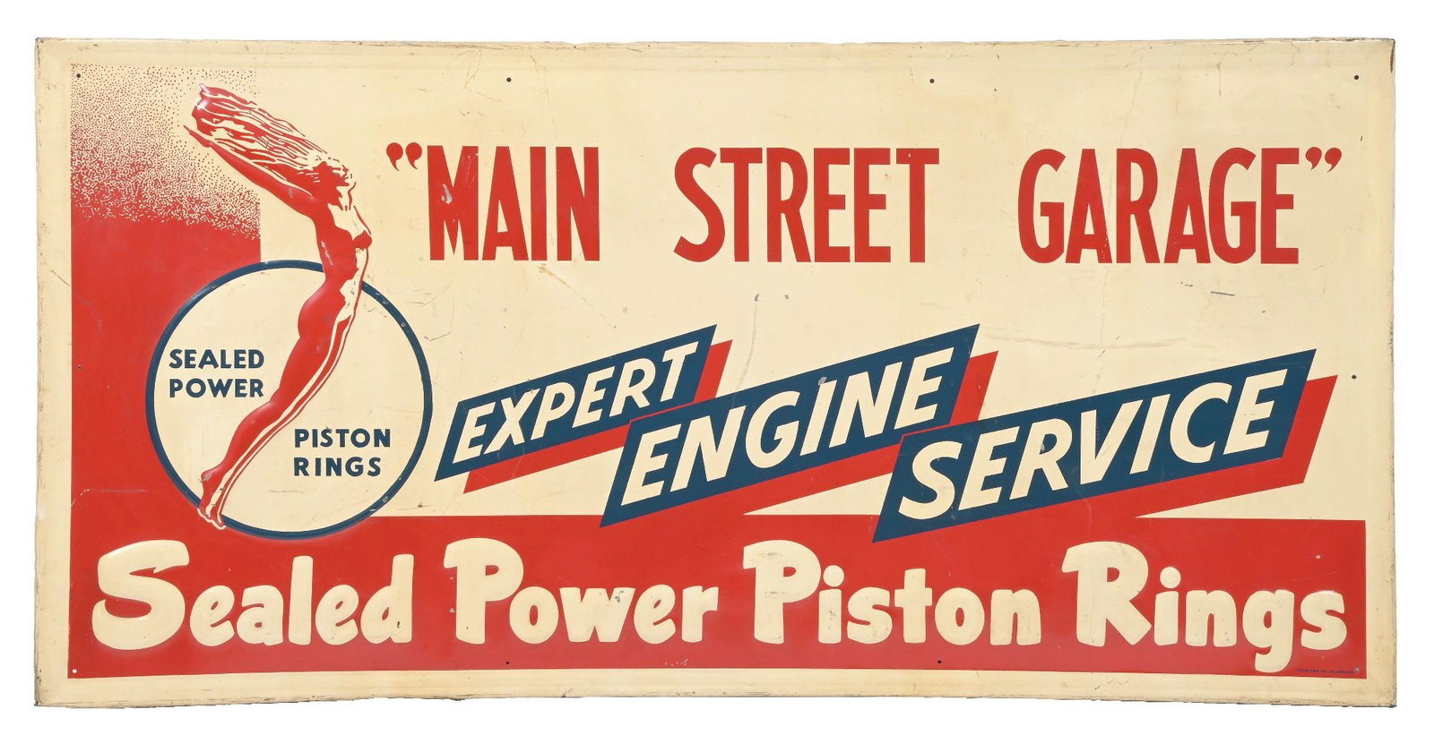 MAIN STREET GARAGE SEALED POWER PISTON RINGS EMBOSSED TIN SIGN W/ SELF FRAMED OUTER EDGE.: SST. Maker Marked Stout Sign Company, St. Louis, Missouri. CONDITION: Very good color & gloss throughout showing some moderate surface scratches as well as some areas of age staining in the lighter cr