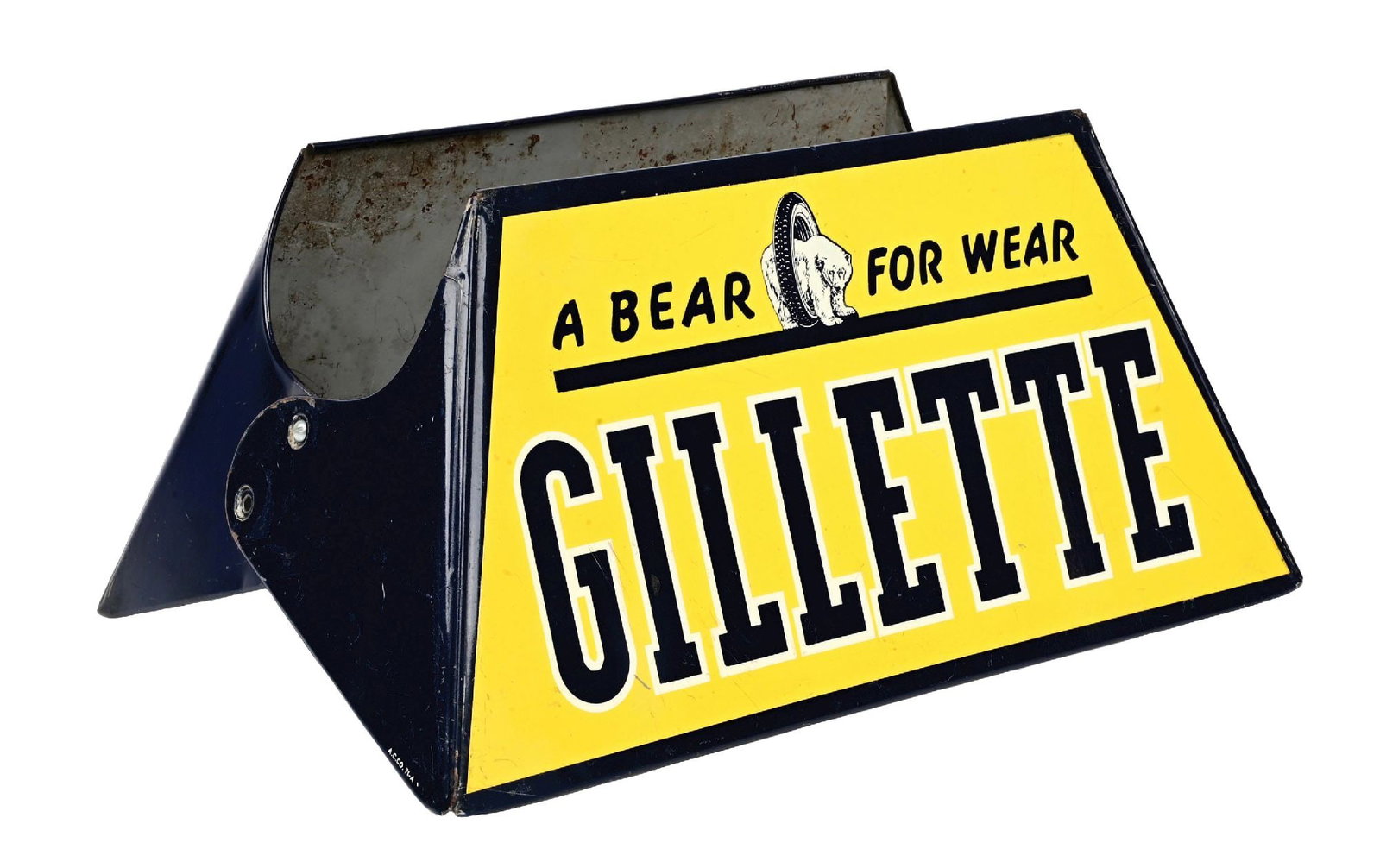 GILLETTE TIRES "A BEAR FOR WEAR" COMPLETE TIN TIRE DISPLAY W/ BEAR GRAPHIC.: Two Single Sided Tin Signs mounted back to back. Maker Marked American Can Co. C. 1940s. CONDITION: Each side showing outstanding color & gloss throughout with some very minimal areas of light surface