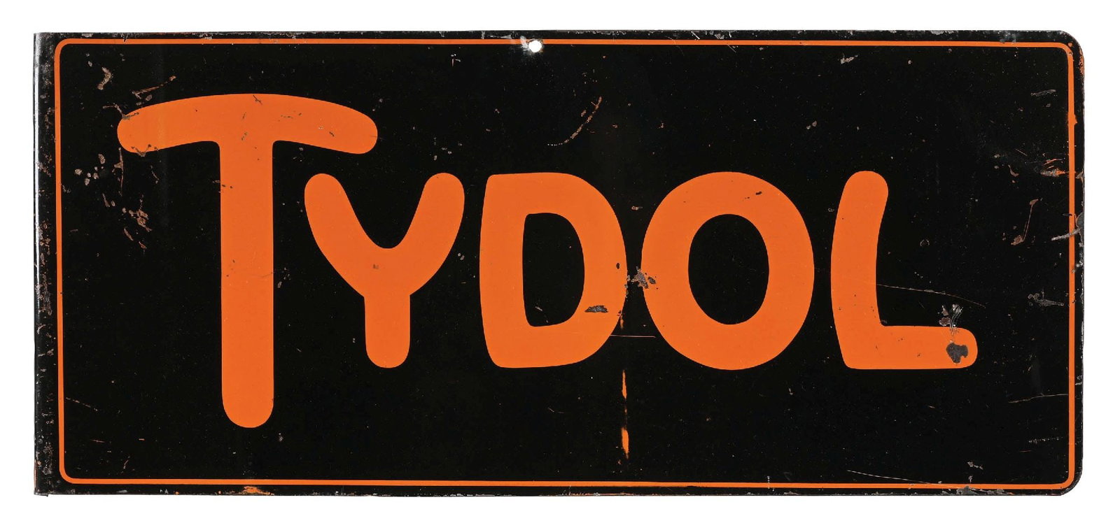 TYDOL TIN SERVICE STATION FLANGE SIGN.: DST. C. 1930s. CONDITION: Each side showing bright color & gloss throughout, with some moderate surface scratching in the inner & outer fields. One added hole at the top center edge. Flange portion sh