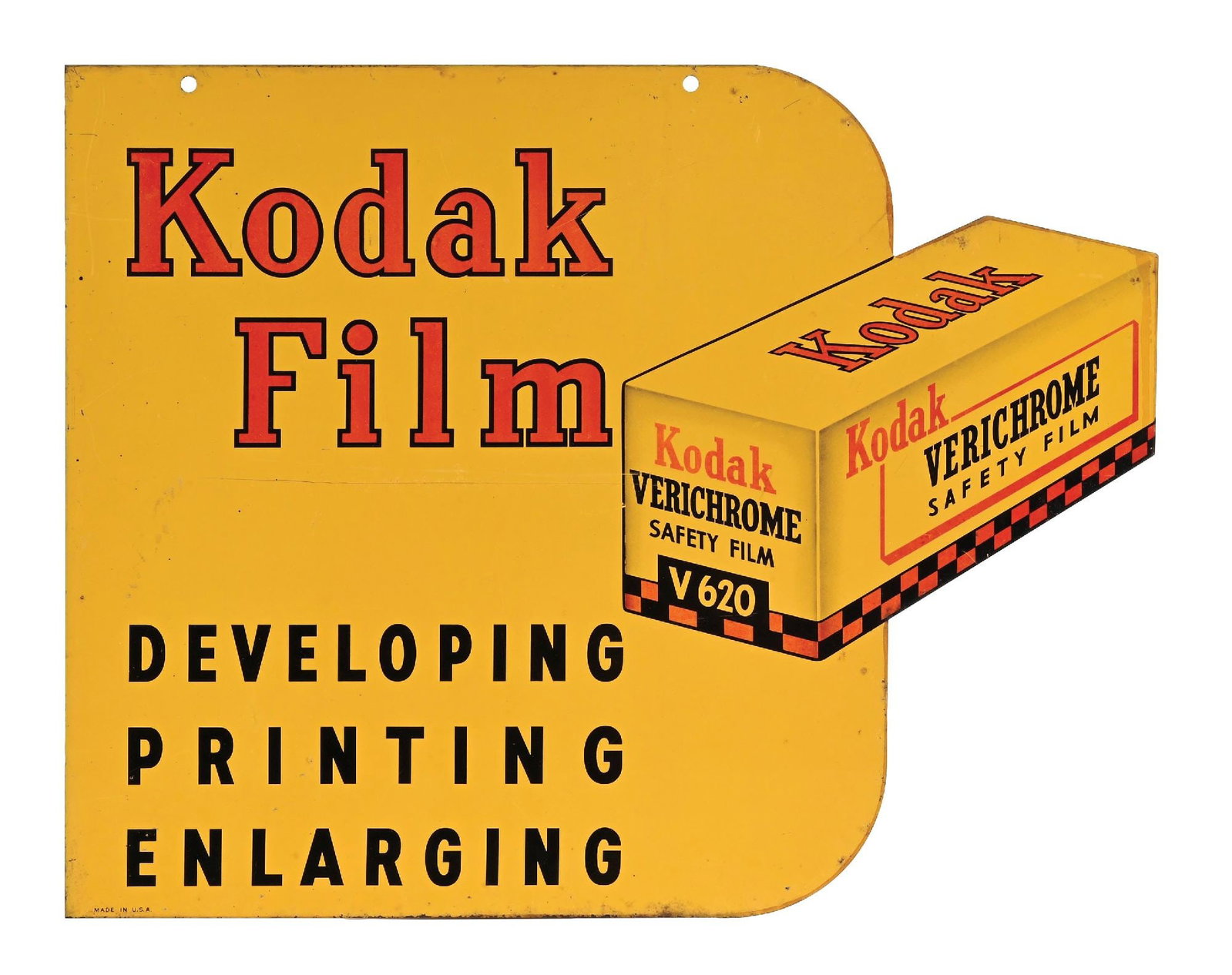 KODAK FILM DEVELOPING PRINTING & ENLARGING TIN SIGN W/ FILM BOX GRAPHIC.: DST. C. 1950s. CONDITION: Sign shows bright color & gloss throughout each side with just a minimal amount of of light surface wear from storage. Minimal wear at the mounting holes and along the outer 