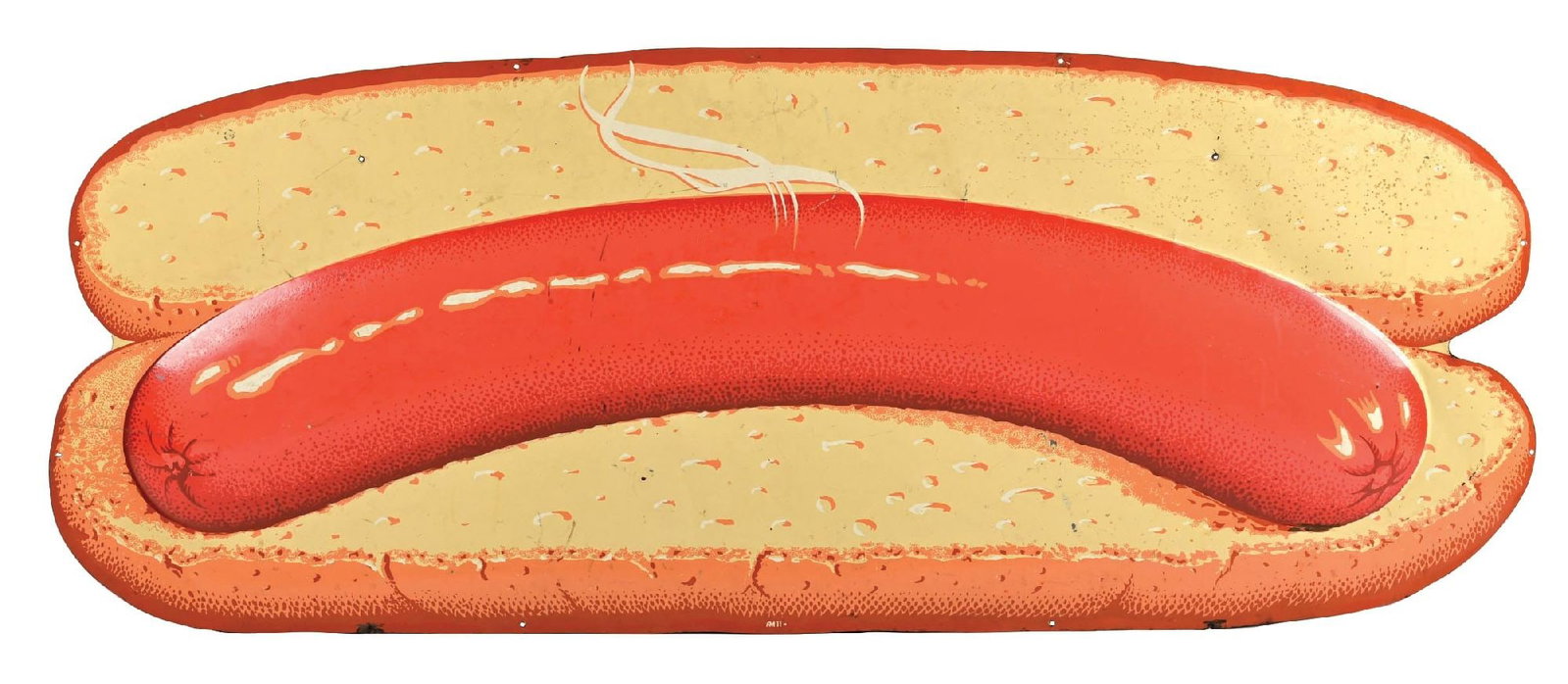 EMBOSSED TIN HOT DOG DINER SET PIECE SIGN: SST. C. 1950s. Maker Marked A.M. CONDITION: Excellent color & gloss throughout showing minor areas of light surface scratches and paint wear. Minor wear at the mounting holes with some paint wear alon