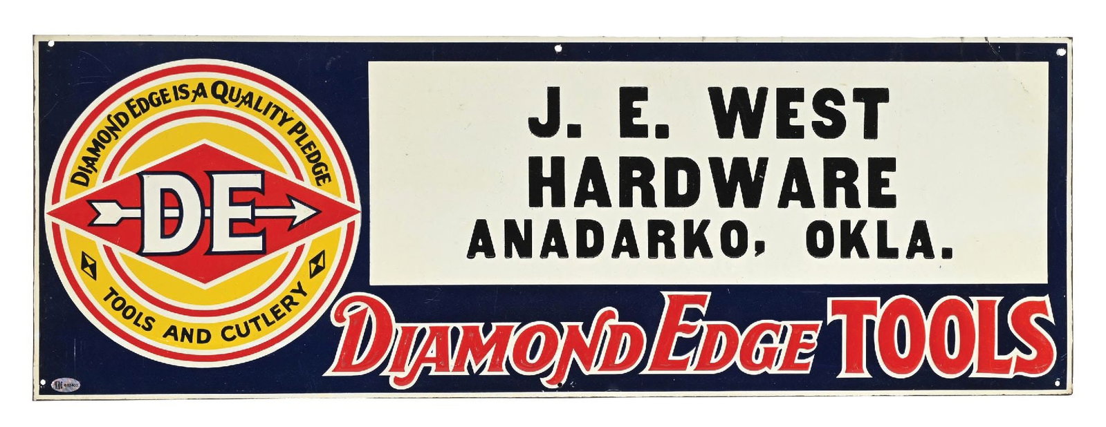DIAMOND EDGE TOOLS EMBOSSED TIN HARDWARE STORE SIGN.: Single-Sided Tin. C. 1930s. Privilege panel for J.E. West Hardware, Anadarko, Oklahoma. CONDITION: Brilliant throughout, found new old stock, showing full color & gloss with only a faint amount of lig