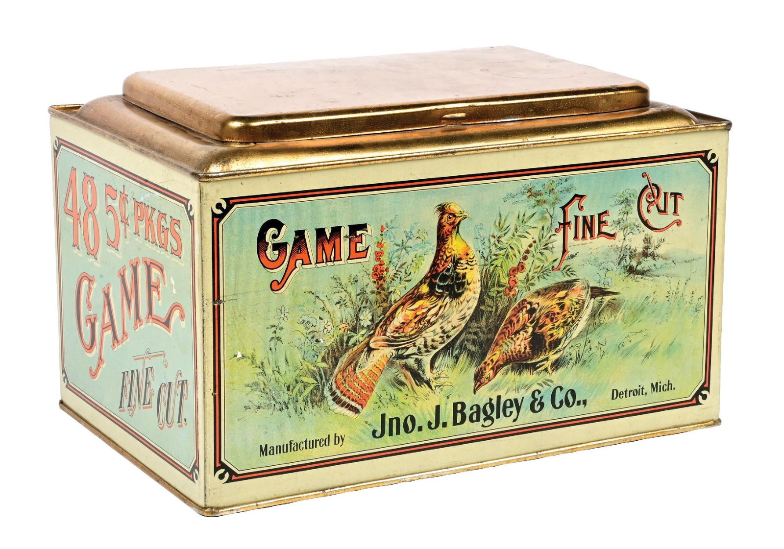 OUTSTANDING GAME FINE CUT TOBACCO TIN STORE DISPLAY BOX.: Maker Marked American Can Company. C. 1920s. An absolutely impressive example of this Store Display Can from Game Fine Cut Tobacco, showing outstanding script and graphic on all four sides. CONDITION: