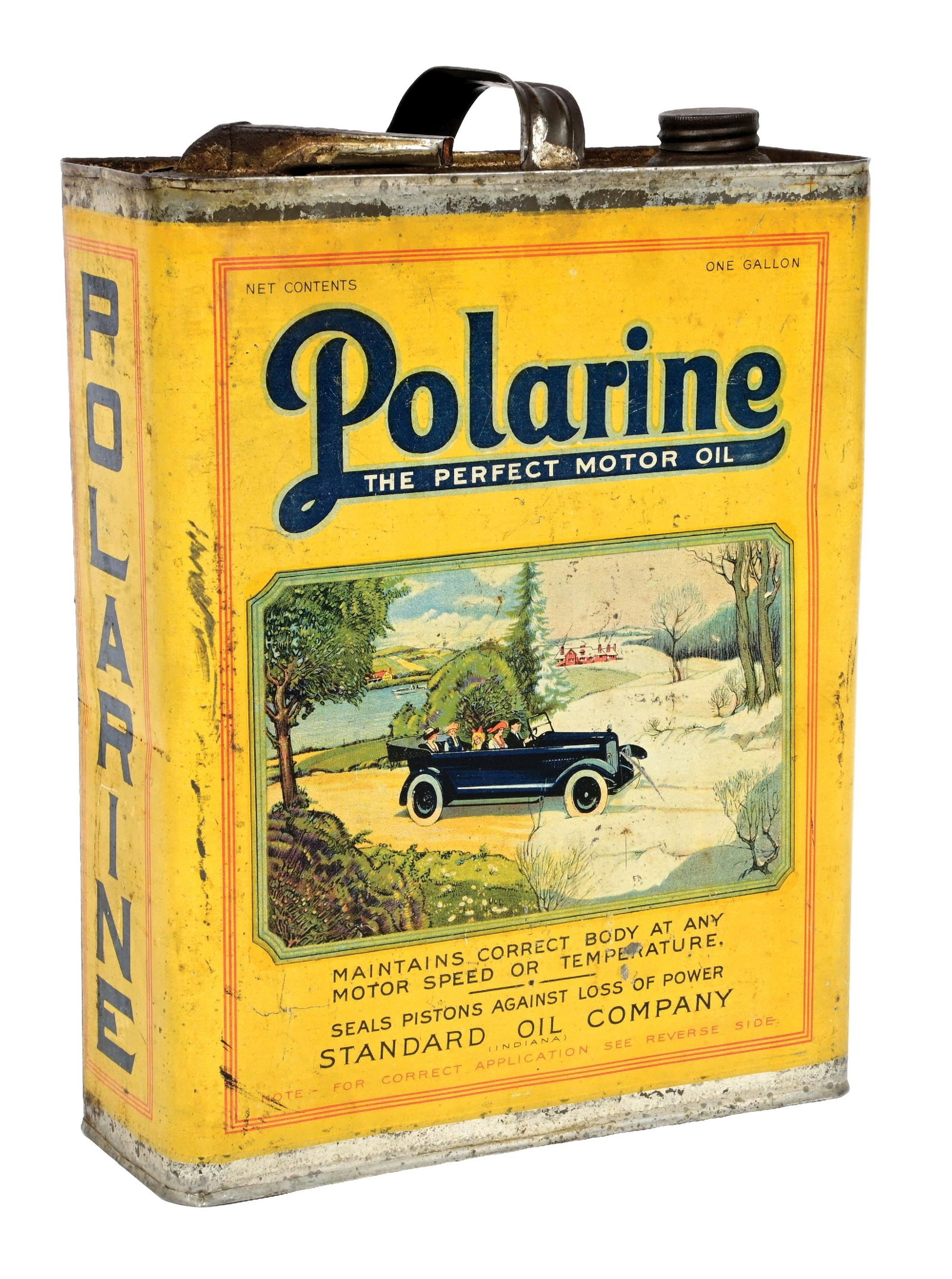 RARE STANDARD OIL CO. POLARINE "THE PERFECT MOTOR OIL" ONE GALLON CAN W/ TOURING CAR GRAPHIC.: One Gallon Can. C. 1910s. Standard Oil Company of Indiana. Showing unique Touring Car graphic of driving from a summer scene into a winter scene. CONDITION: Can is in as found condition showing very g
