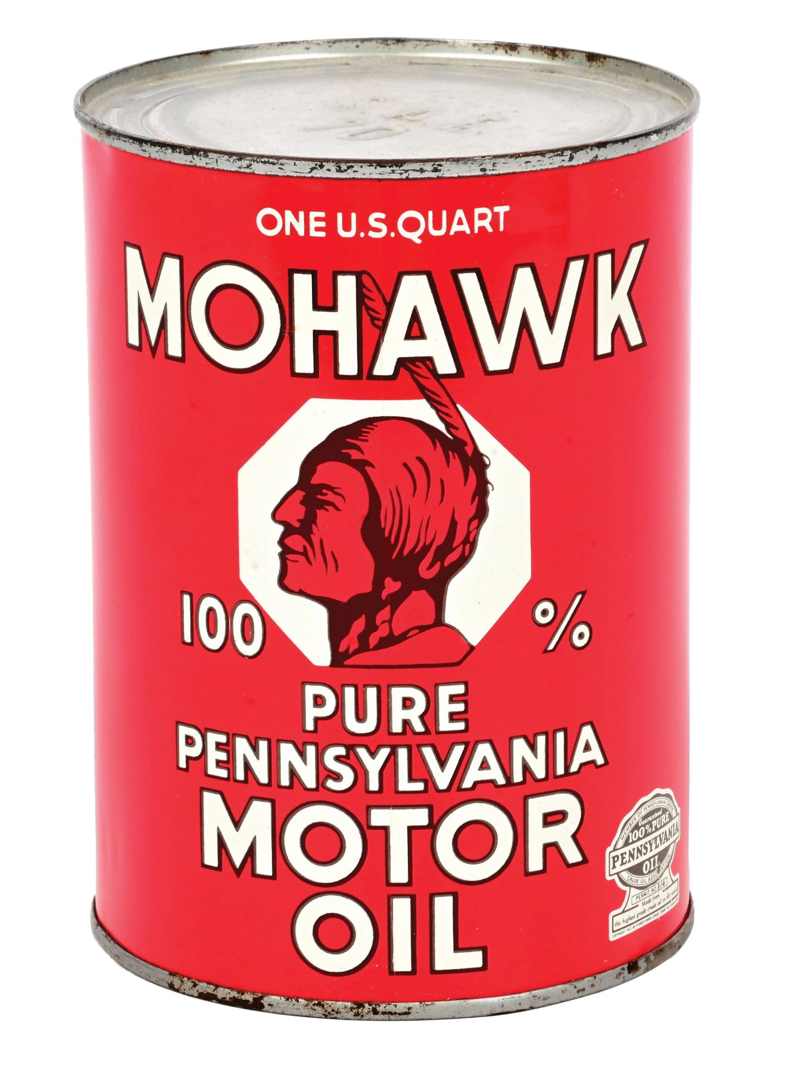 N.O.S. MOHAWK PURE PENNSYLVANIA MOTOR OIL ONE QUART CAN W/ INDIAN GRAPHIC.: One Quart Can. C. 1940s. CONDITION: Brilliant throughout, found new old stock in original shipping box unused. Outstanding color & gloss with no notable wear in the inner or outer fields. Excellent co