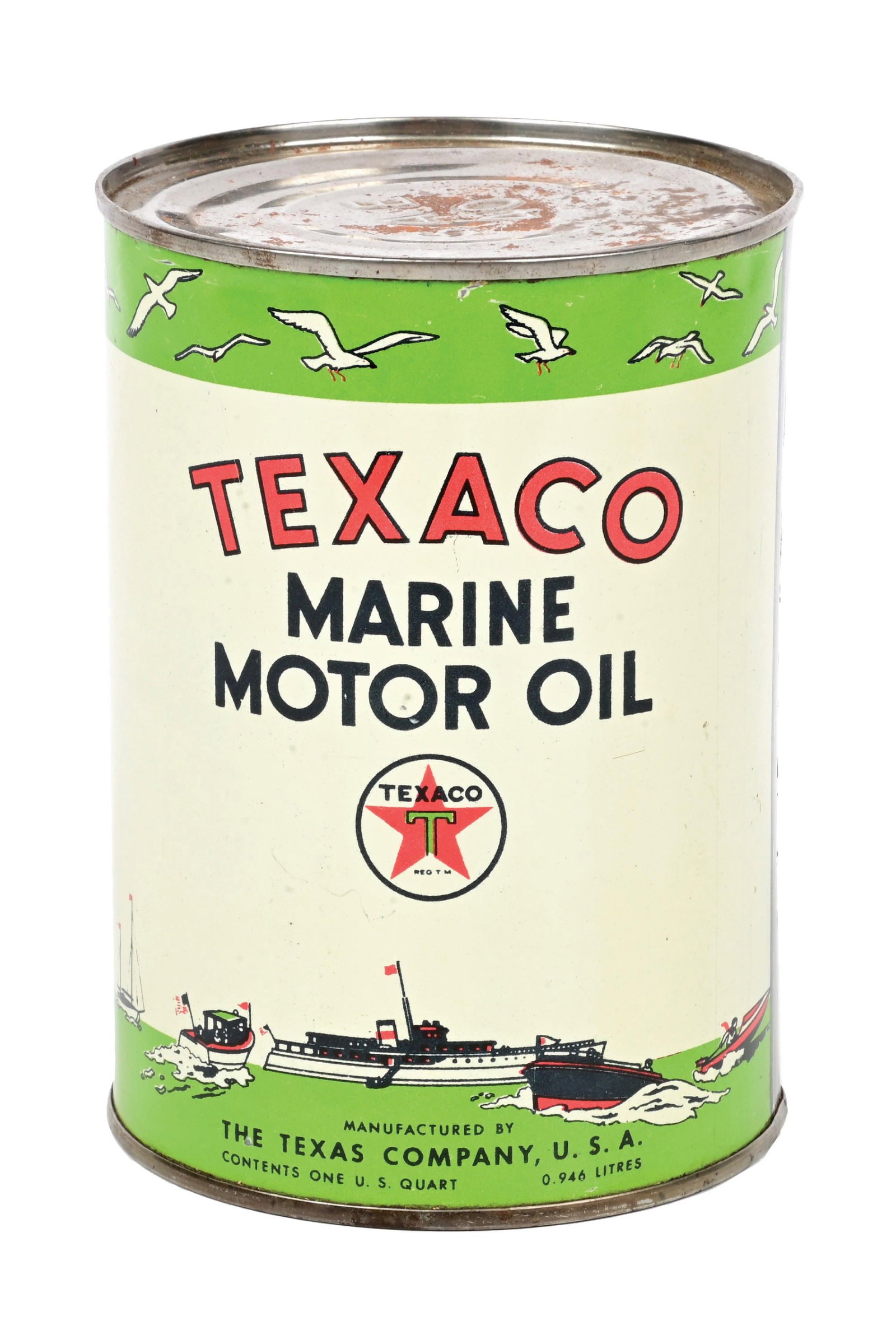 TEXACO MARINE MOTOR OIL ONE QUART OIL CAN W/ BOAT GRAPHICS (1 of 6)