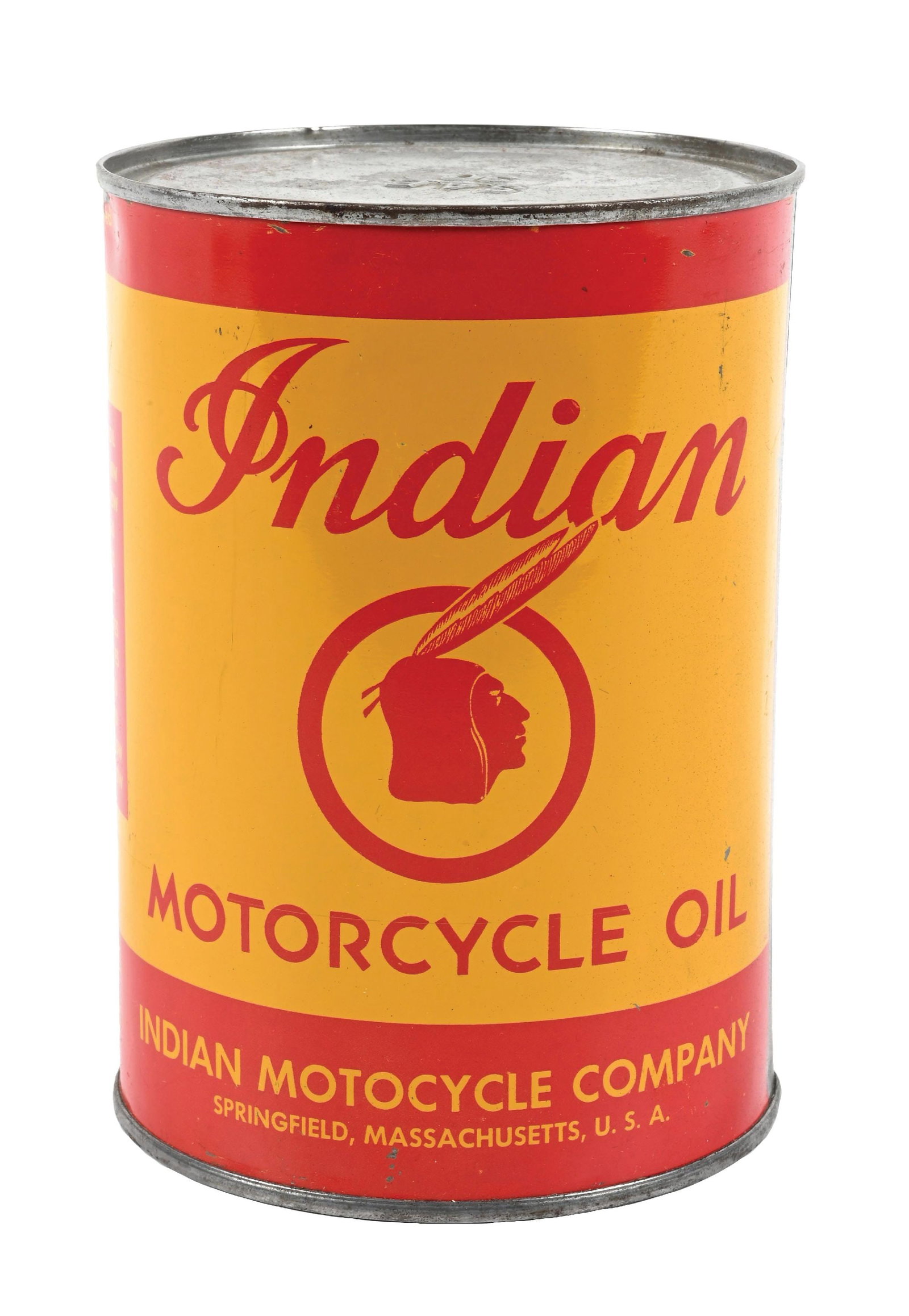 INDIAN MOTORCYCLE MOTOR OIL ONE QUART CAN: One Quart Can. C. 1940s. CONDITION: Excellent color & gloss showing clean field. Light scratches at the back and sides with clean seam. Can is full. An excellent example. Condition: (8.75). Dimensions