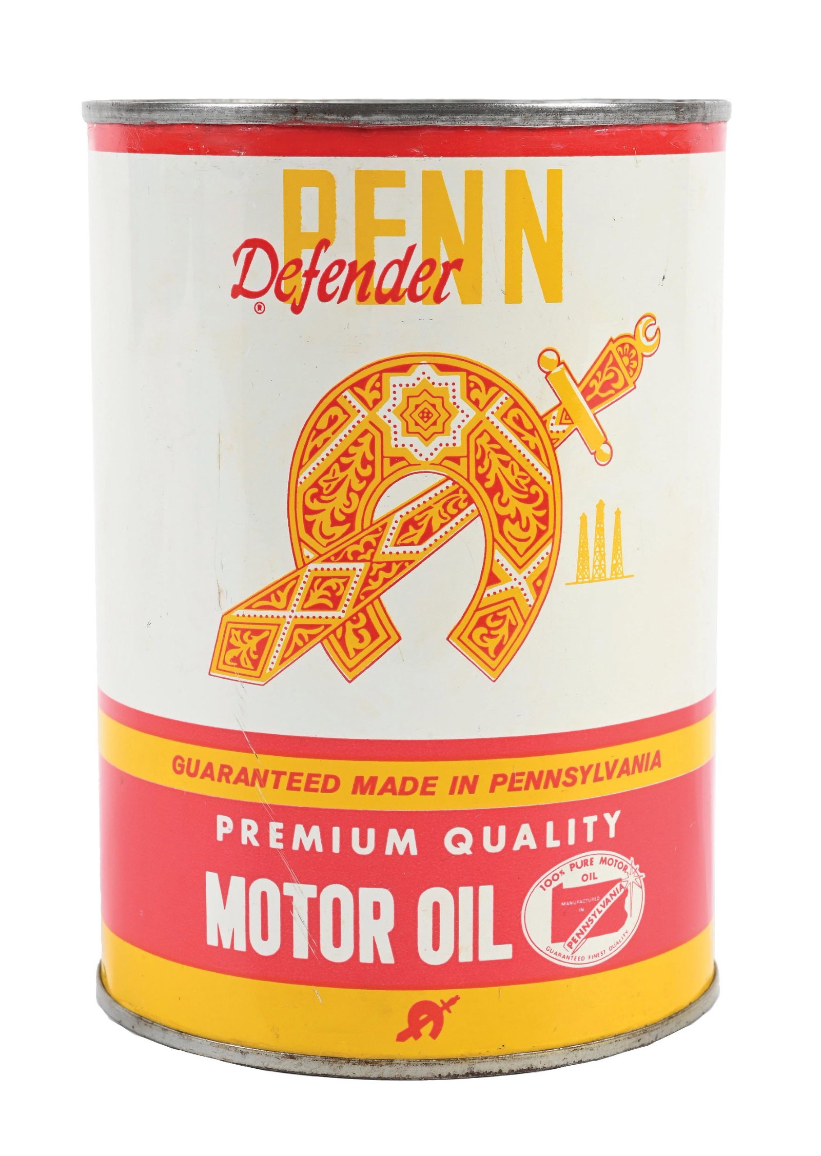 PENN DEFENDER QUALITY MOTOR OIL ONE QUART CAN: One Quart Can. CONDITION: Excellent color & gloss throughout the field, showing only minimal surface scratches. One heavier scratch on the backside. Very minimal wear along the rims, can is empty with