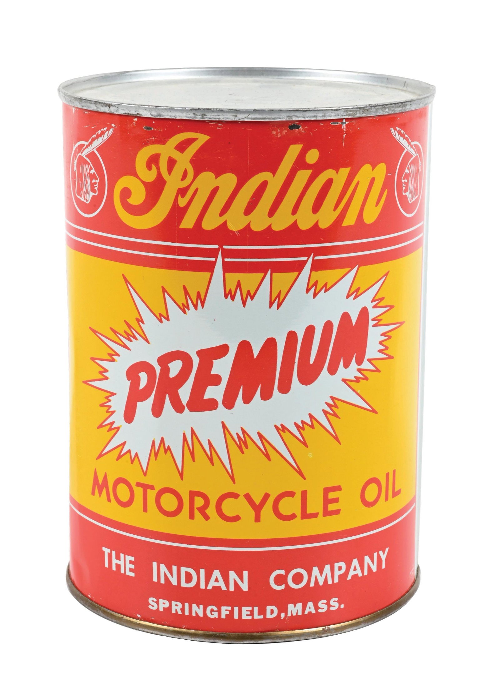 INDIAN PREMIUM MOTORCYCLE MOTOR OIL ONE QUART CAN: One Quart Can. C. 1950s. CONDITION: Exceptional color & gloss throughout the fields showing clean script and lettering. Minor surface rubs and scratches along the upper rim. Showing crimped seam, can 
