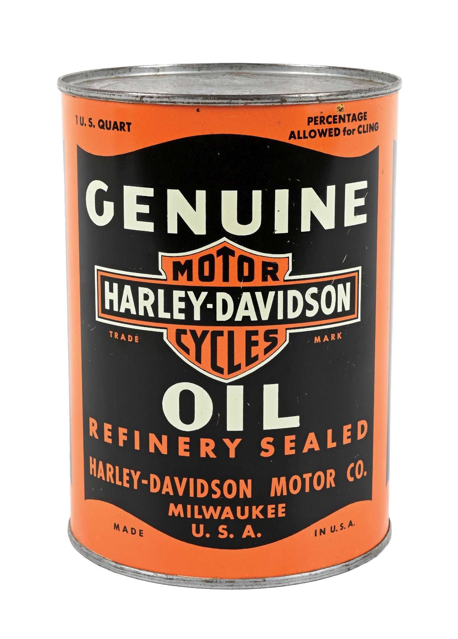 HARLEY-DAVIDSON MOTORCYCLE MOTOR OIL ONE QUART CAN: One Quart Can. C. 1950s. CONDITION: Excellent throughout, most likely found N.O.S. showing just light age and box wear to the surface. Can shows a crimped seam and is full. An exceptionally clean exam