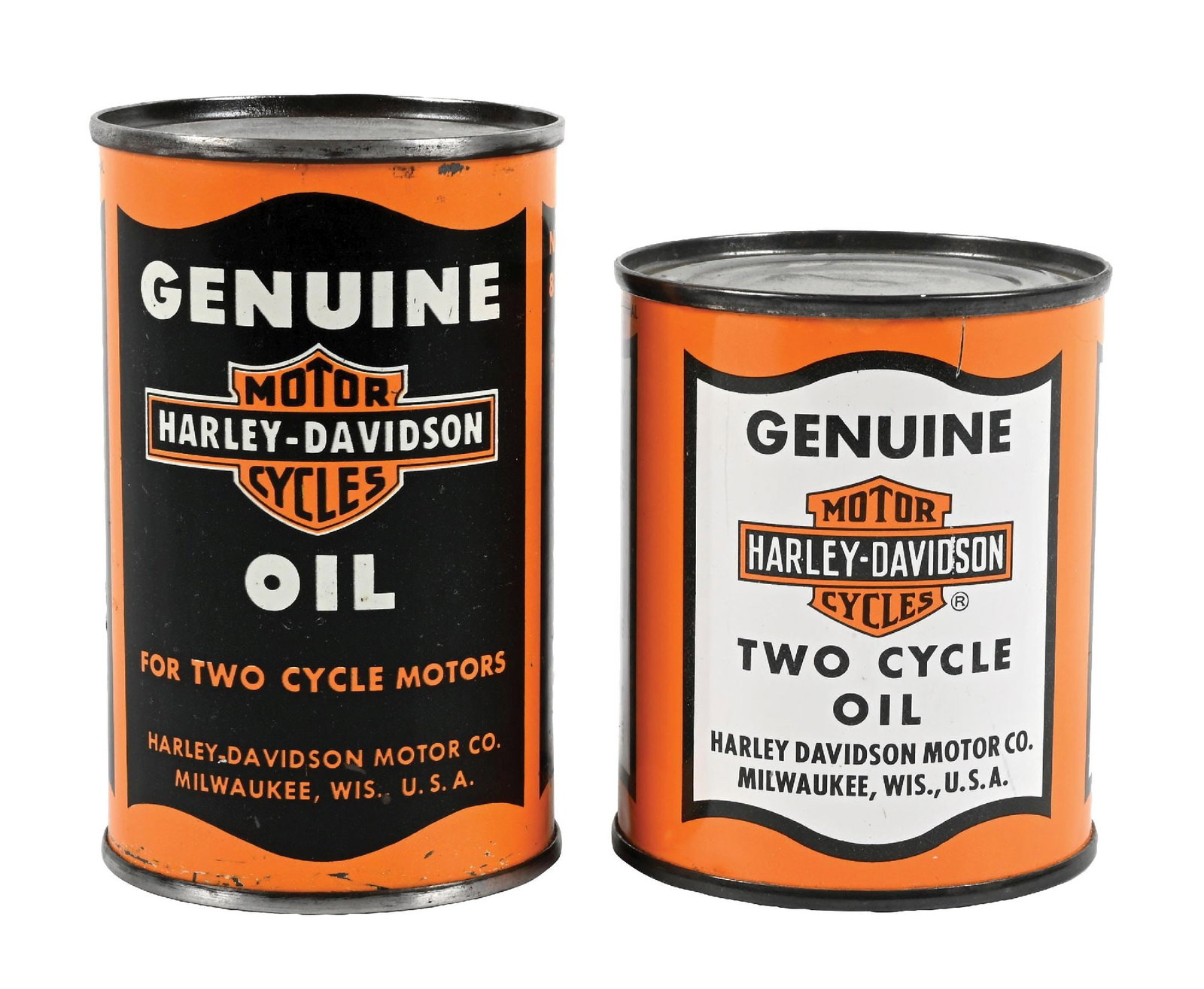 COLLECTION OF 2: HARLEY-DAVIDSON OIL CANS FOR TWO CYCLE MOTORS: Collection Consists Of: Two individual Two Cycle Motor Oil Cans from Harley Davidson. CONDITION: Each can in outstanding condition showing little to no notable wear. Each can is full with minimal area
