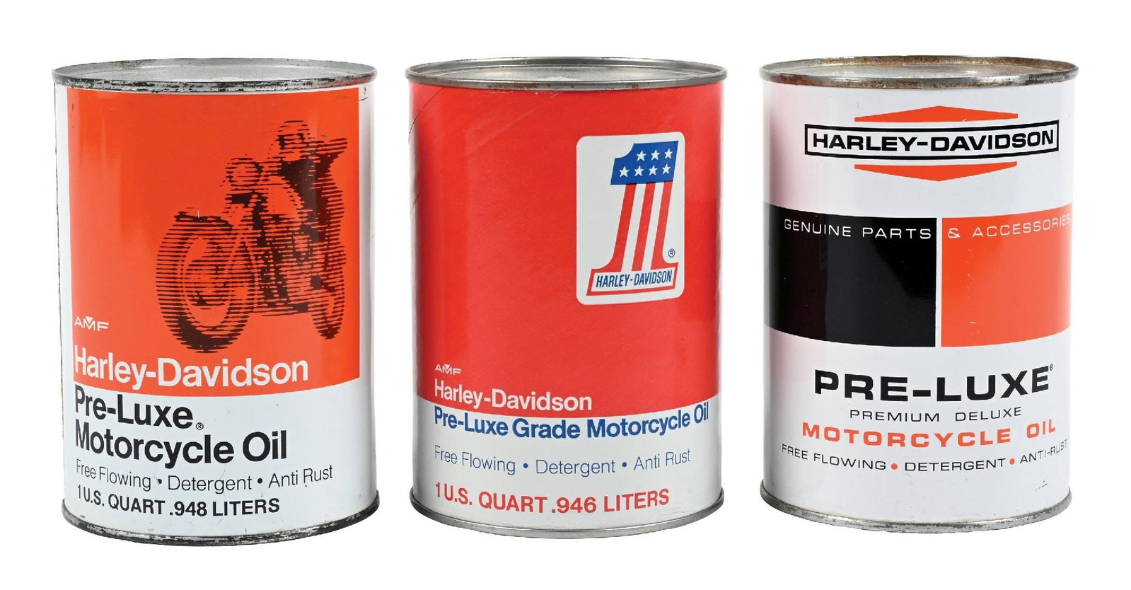 COLLECTION OF 3: HARLEY-DAVIDSON PRE-LUXE MOTORCYCLE OIL ONE U.S. QUART CANS: Collection Consists Of: Three individual one quart cans for Harley Davidson Pre Luxe Motor Oil, two metal cans and one composite can. CONDITION: Each in excellent condition showing only minor areas of