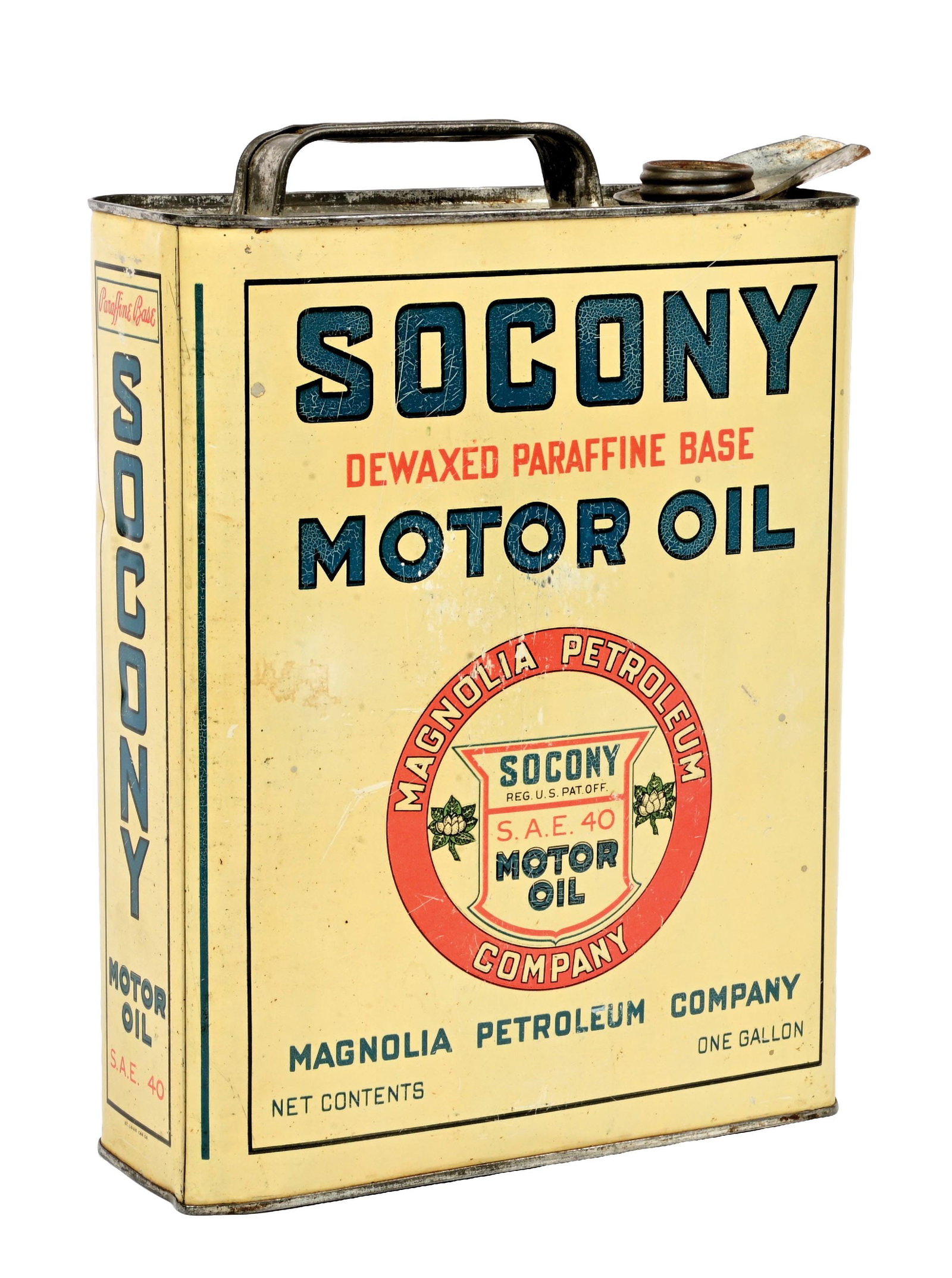 MAGNOLIA PETROLEUM COMPANY SOCONY MOTOR OIL ONE GALLON CAN W/ FLOWER & SHIELD GRAPHIC. (1 of 4)