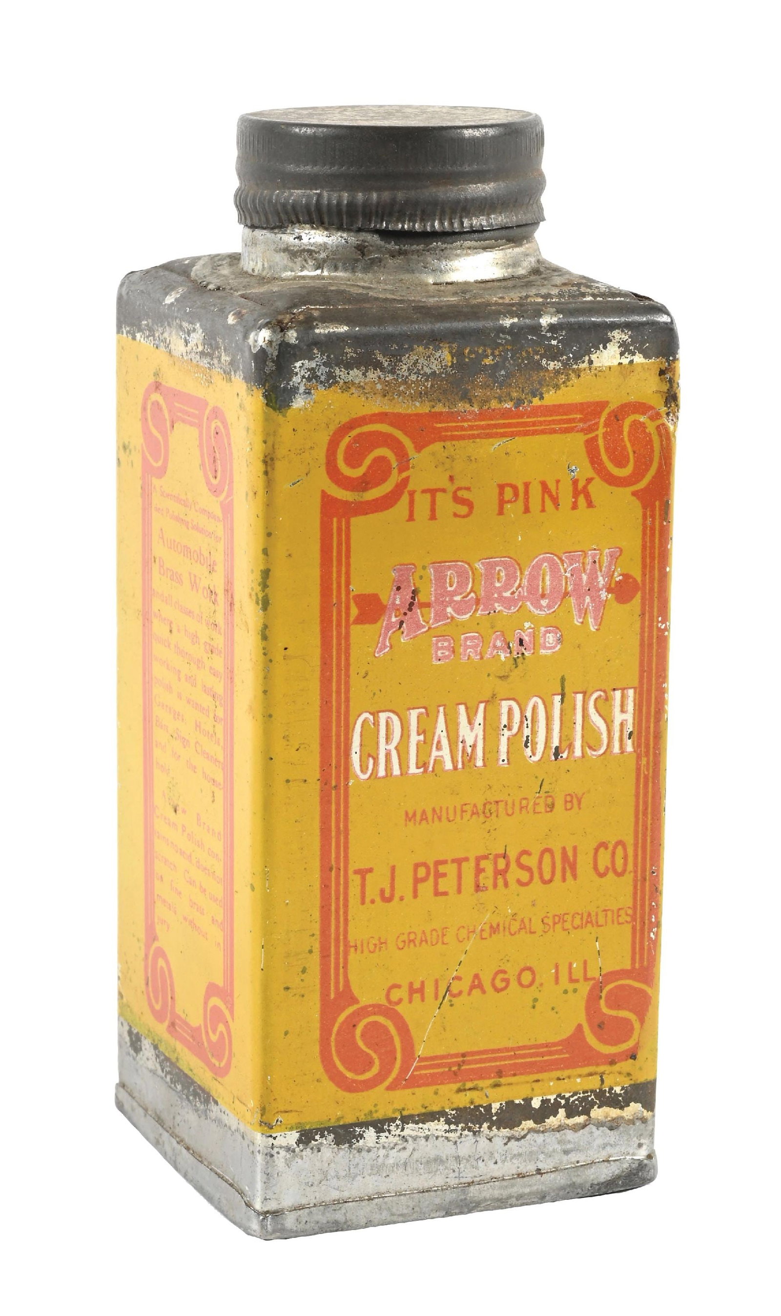 ARROW BRAND CREAM AUTOMOBILE POLISH CAN: C. 1910s. CONDITION: Excellent color and shine, showing only light areas of minimal age wear. Minimal surface scratching with original cap included. A well displaying example. Condition: (8.0+). Dimen