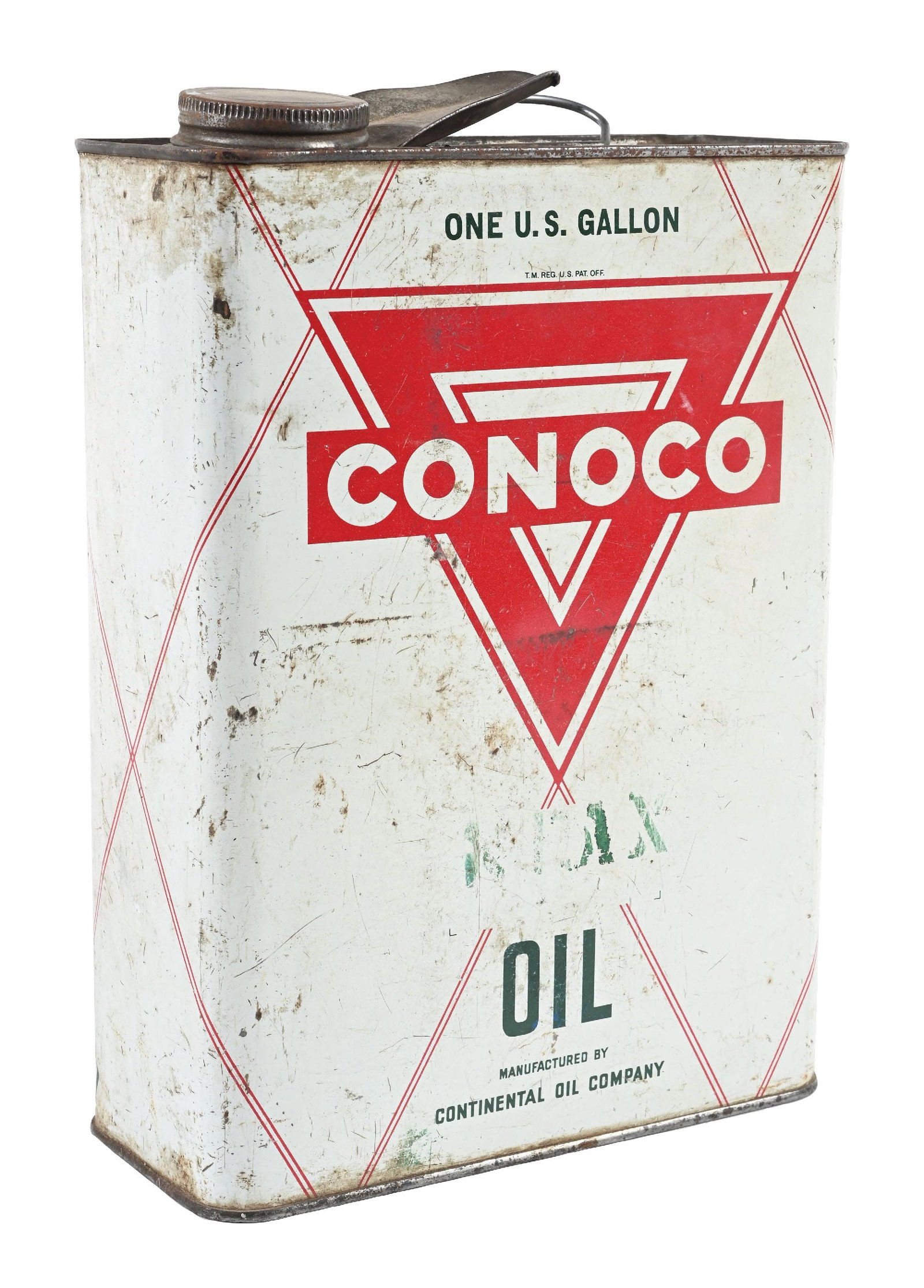 CONOCO MOTOR OIL ONE GALLON FLAT CAN.: One Gallon Can. C. 1930s. CONDITION: Bright color throughout showing moderate surface scratches and storage wear. Showing original lid, spout and carrying handle intact. Should improve with cleaning i