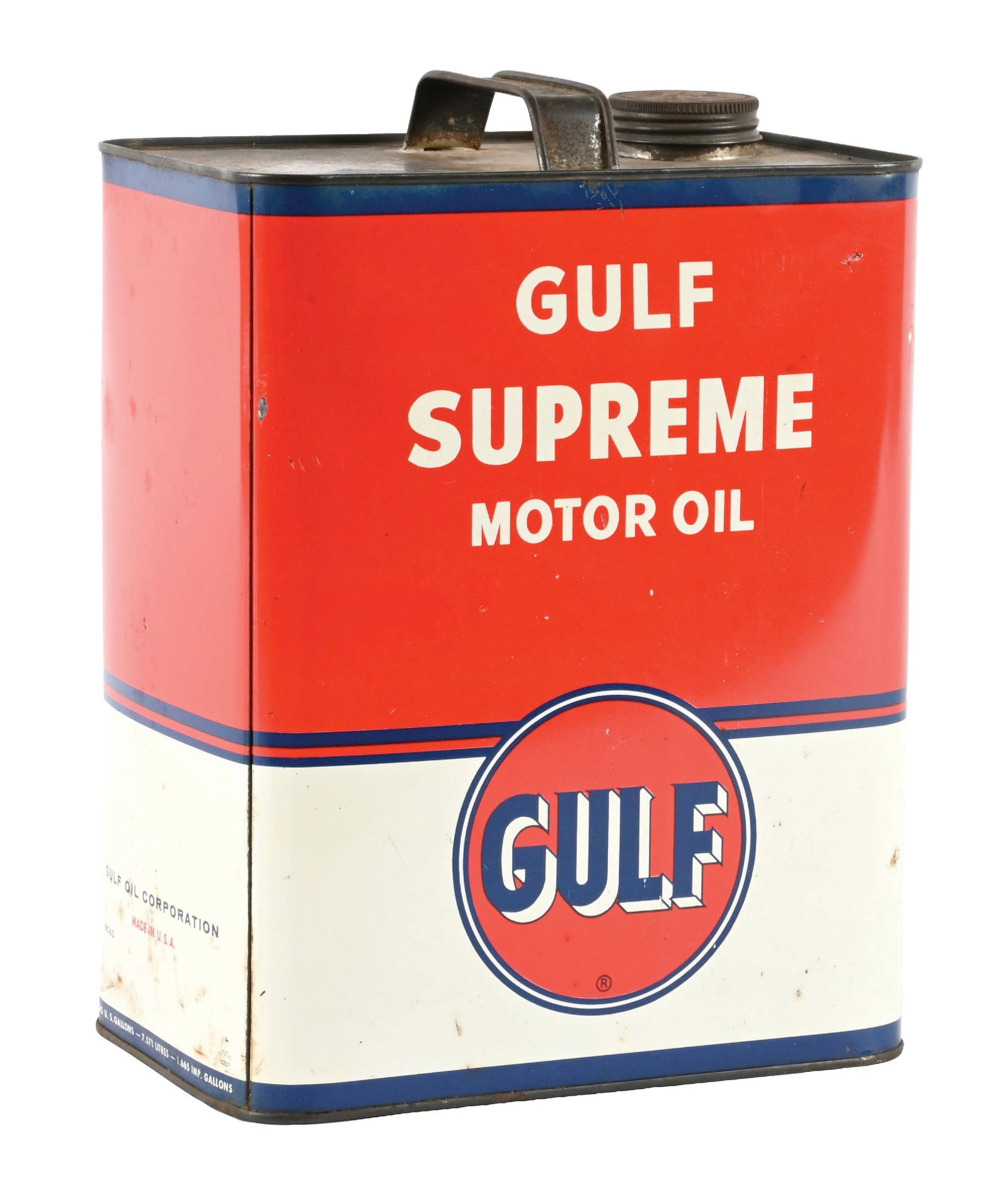 GULF SUPREME MOTOR OIL TWO GALLON CAN: Two Gallon Can. C. 1950s. CONDITION: Showing very good color & gloss throughout with light wear and surface scratches. Backside showing some denting along the lower edge with some surface rusting that